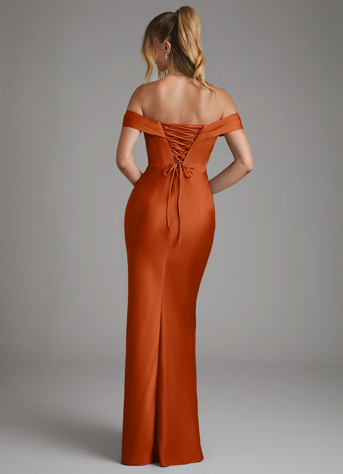 Hayden Mermaid Off-the-Shoulder Stretch Satin Bridesmaid Dress in Burnt Orange
