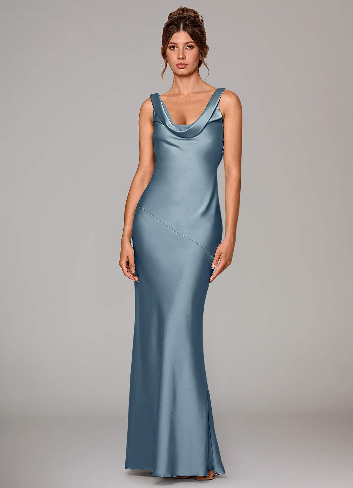 Rylina Mermaid Cowl-Neck Stretch Satin Bridesmaid Dress in dusty blue