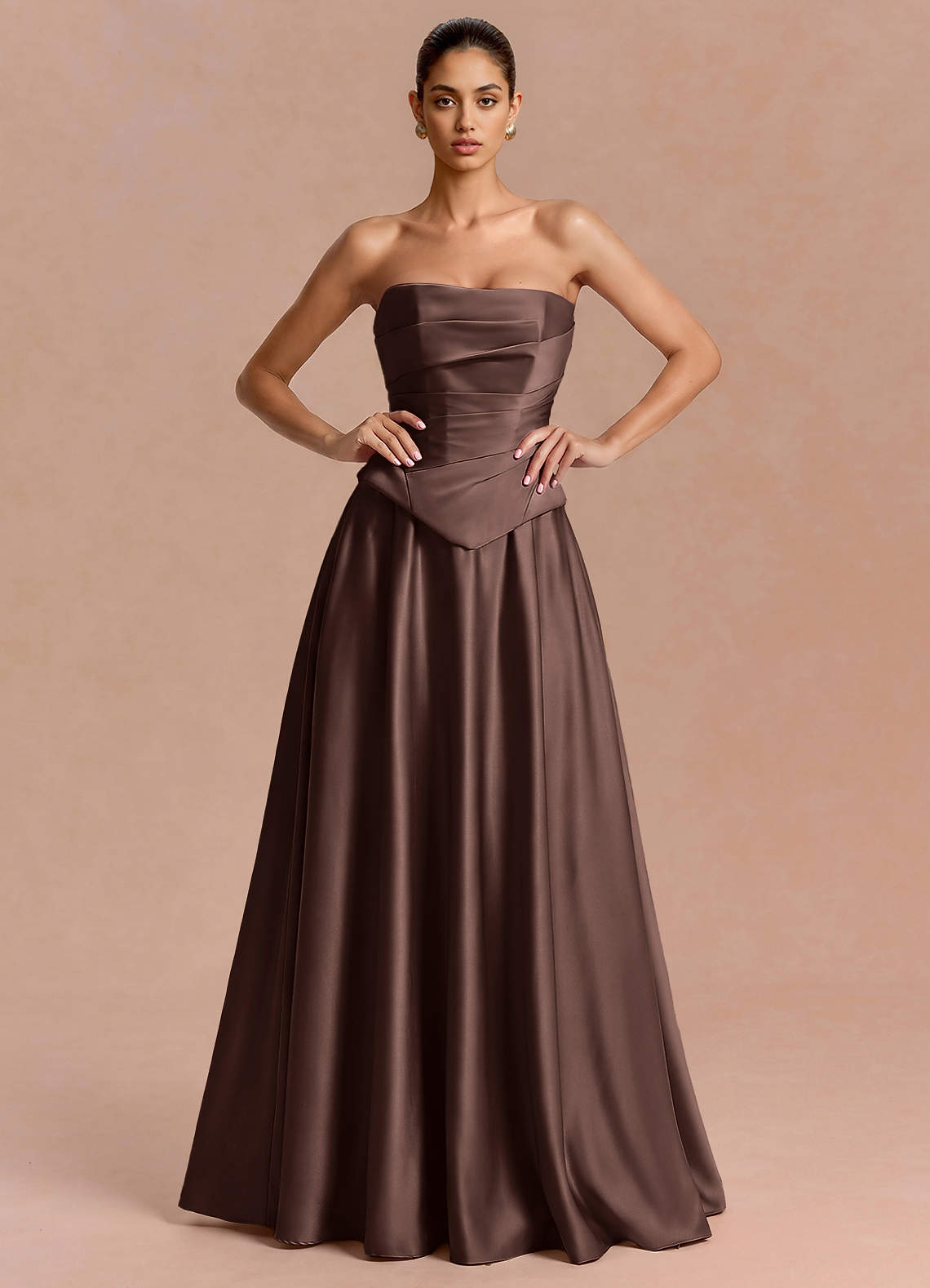 Eponine A-Line Pleated Stretch Satin Evening Dress in Truffle