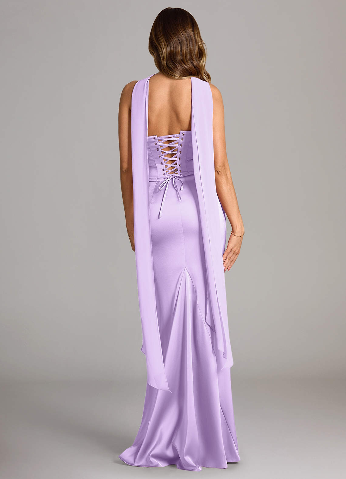 Sorrel Mermaid Cowl-Neck Stretch Satin and Chiffon Bridesmaid Dress in Lilac