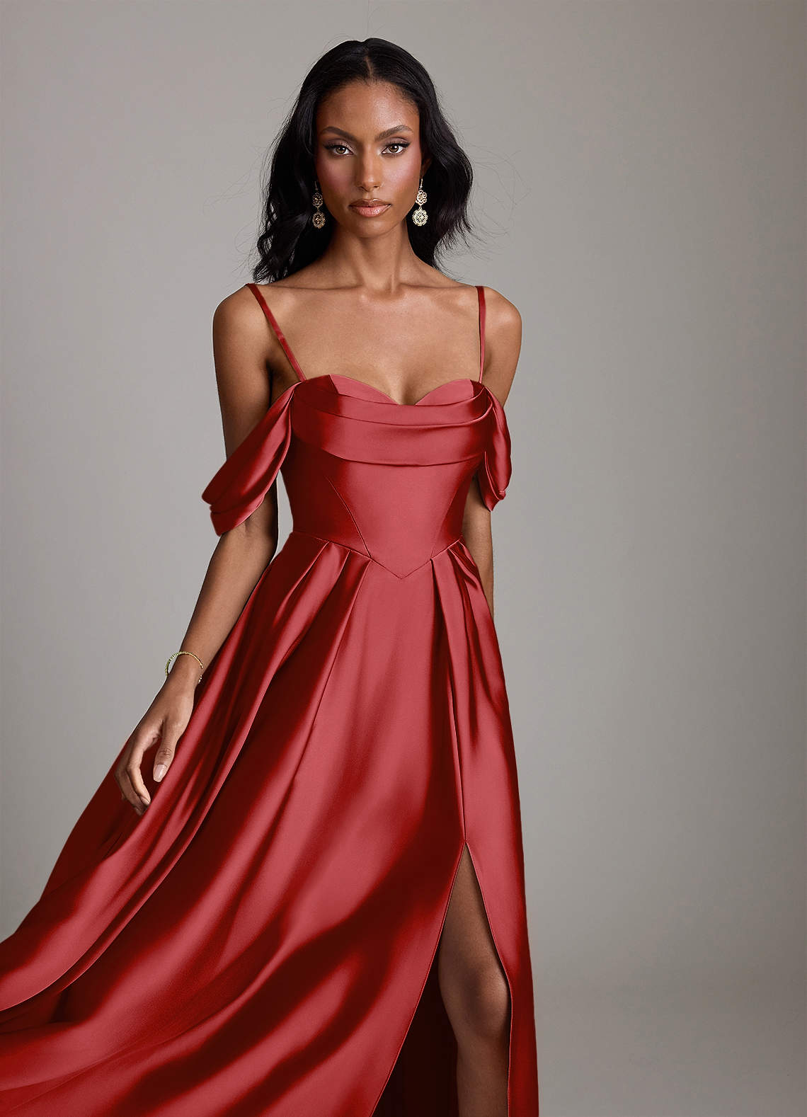 Loisa A-Line Off-the-Shoulder Stretch Satin Bridesmaid Dress in Pomegranate