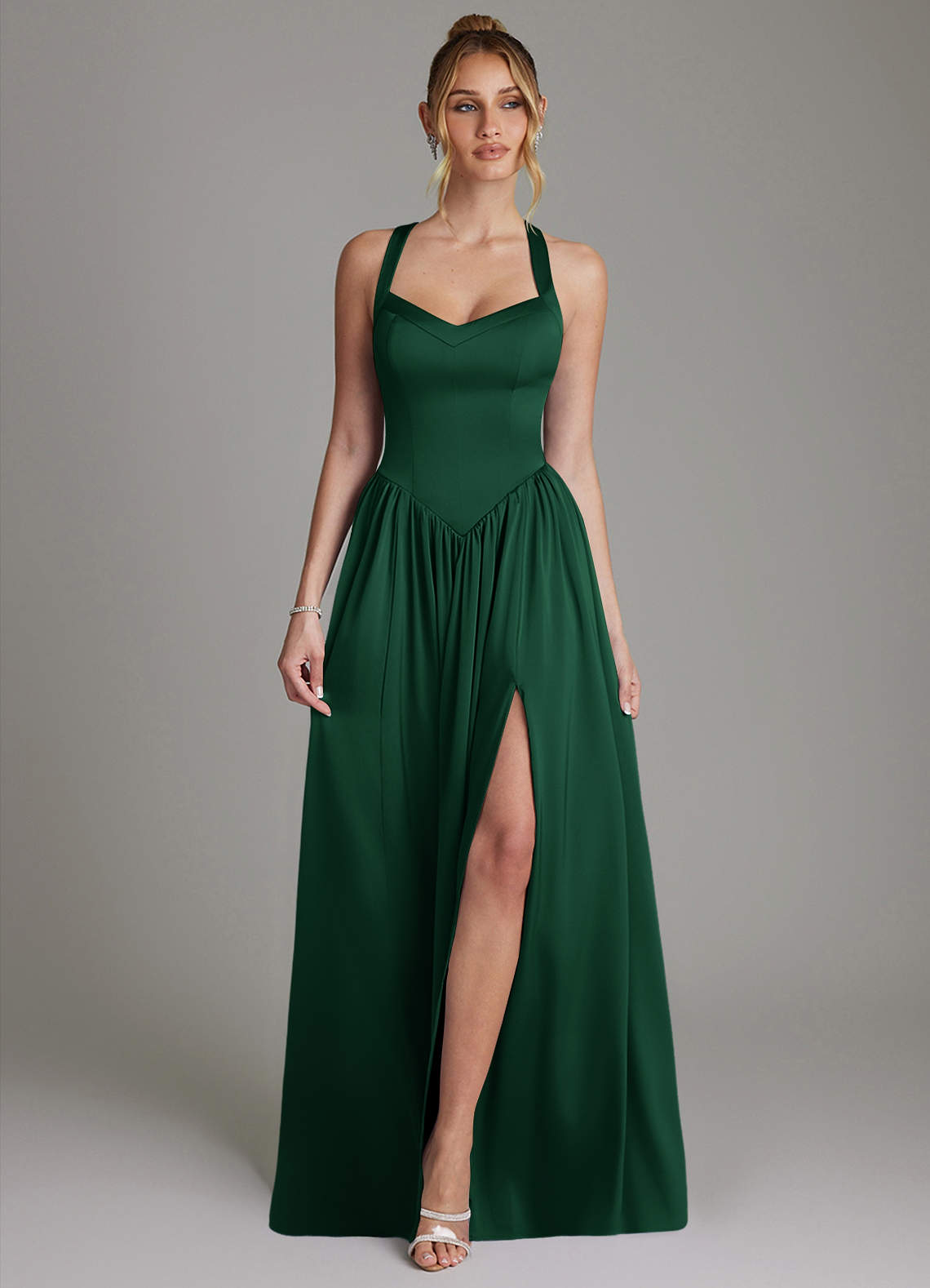 Francis A-Line V-Neck Stretch Satin Bridesmaid Dress in Dark Green