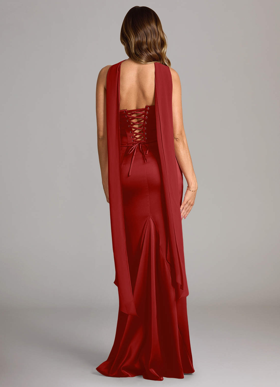 Sorrel Mermaid Cowl-Neck Stretch Satin and Chiffon Bridesmaid Dress in Pomegranate