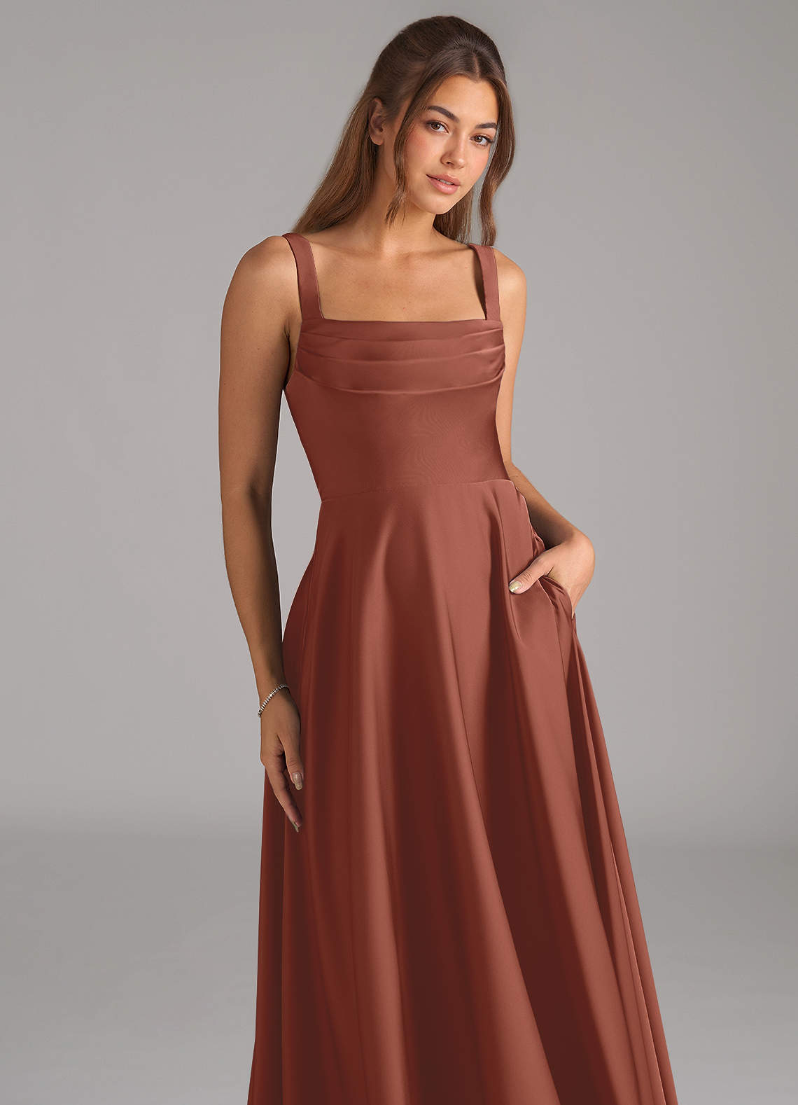 Shaude A-Line Square-Neck Stretch Satin Bridesmaid Dress in Auburn