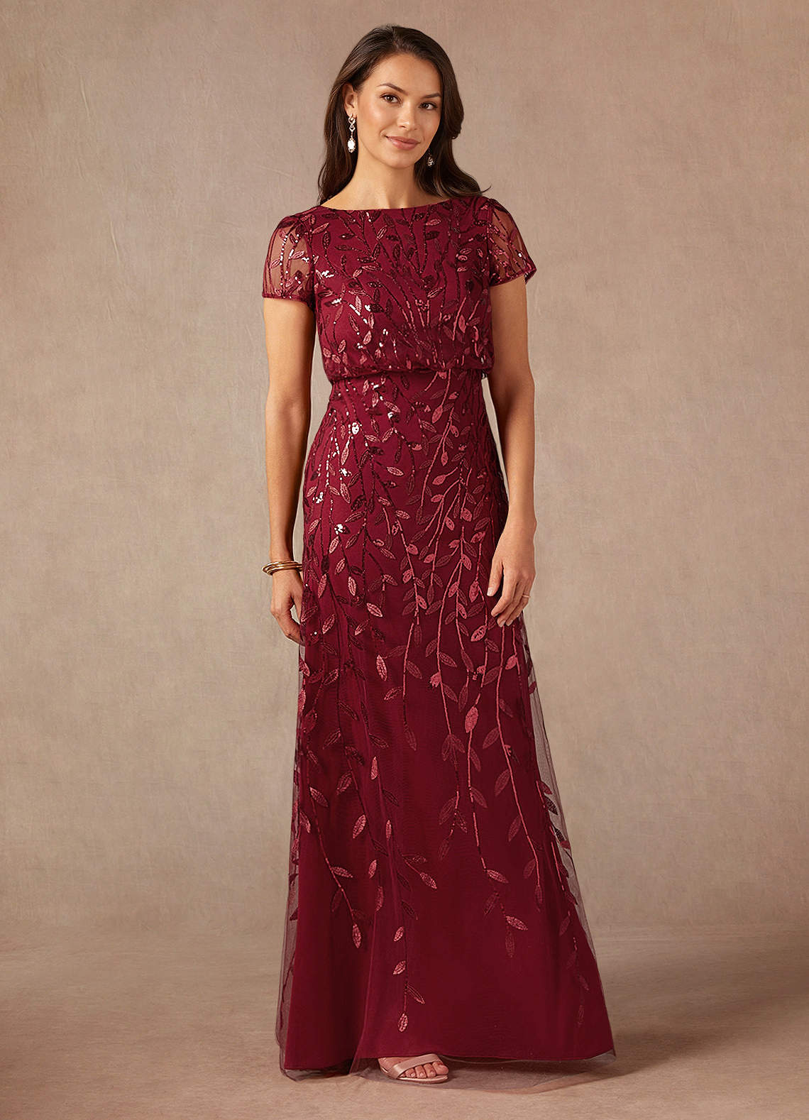 Lehi A-Line Boat-Neck Sequined Tulle Mother of the Bride Dress in Cabernet