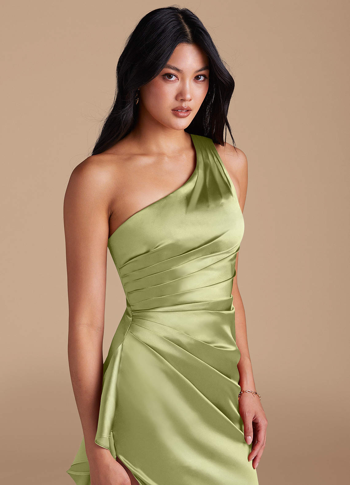 Latrice Sheath One-Shoulder Metallic Satin Bridesmaid Dress in Pistachio