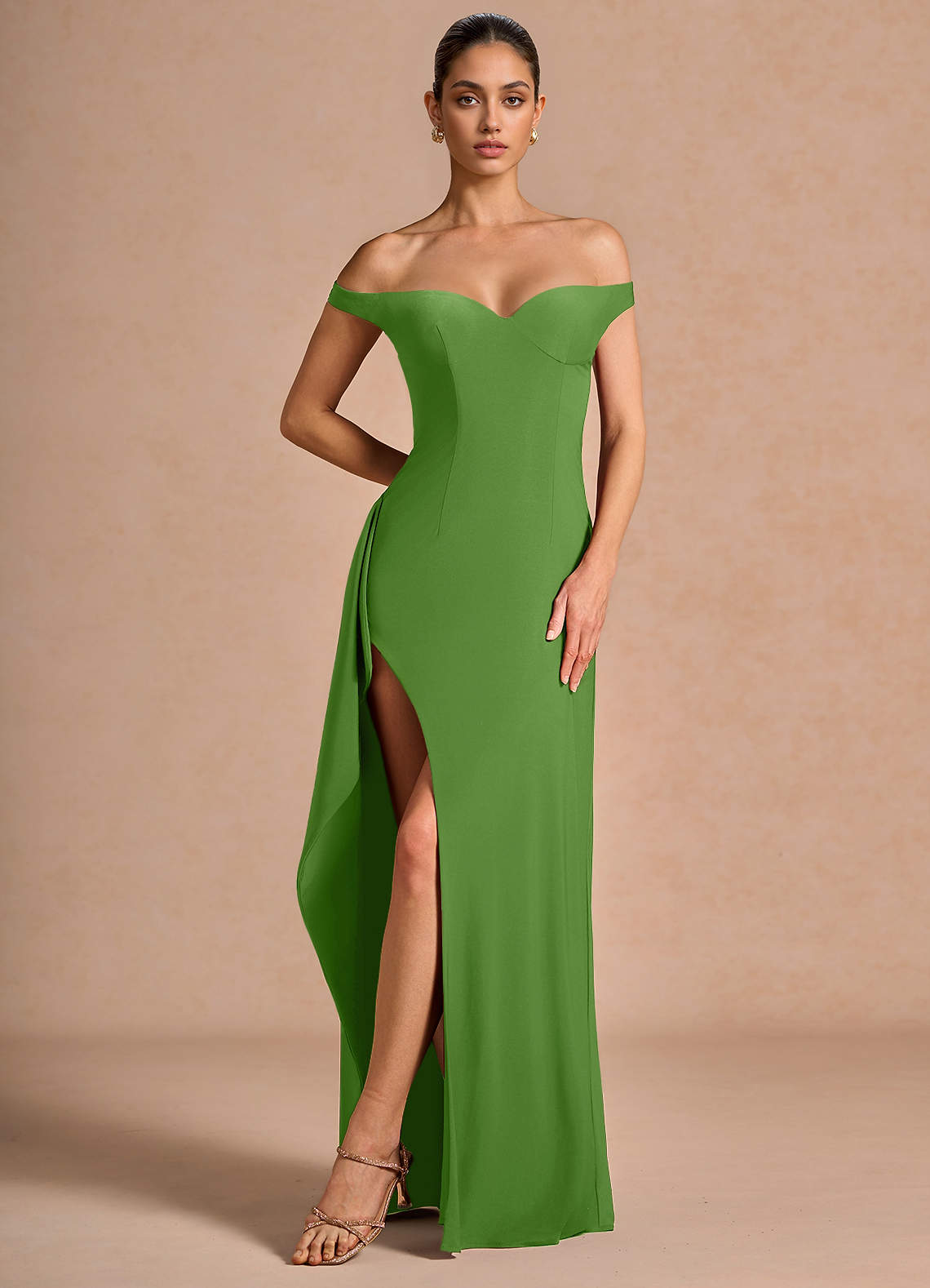 Jasira Sheath V-Neck Stretch Knit Evening Dress in Olive