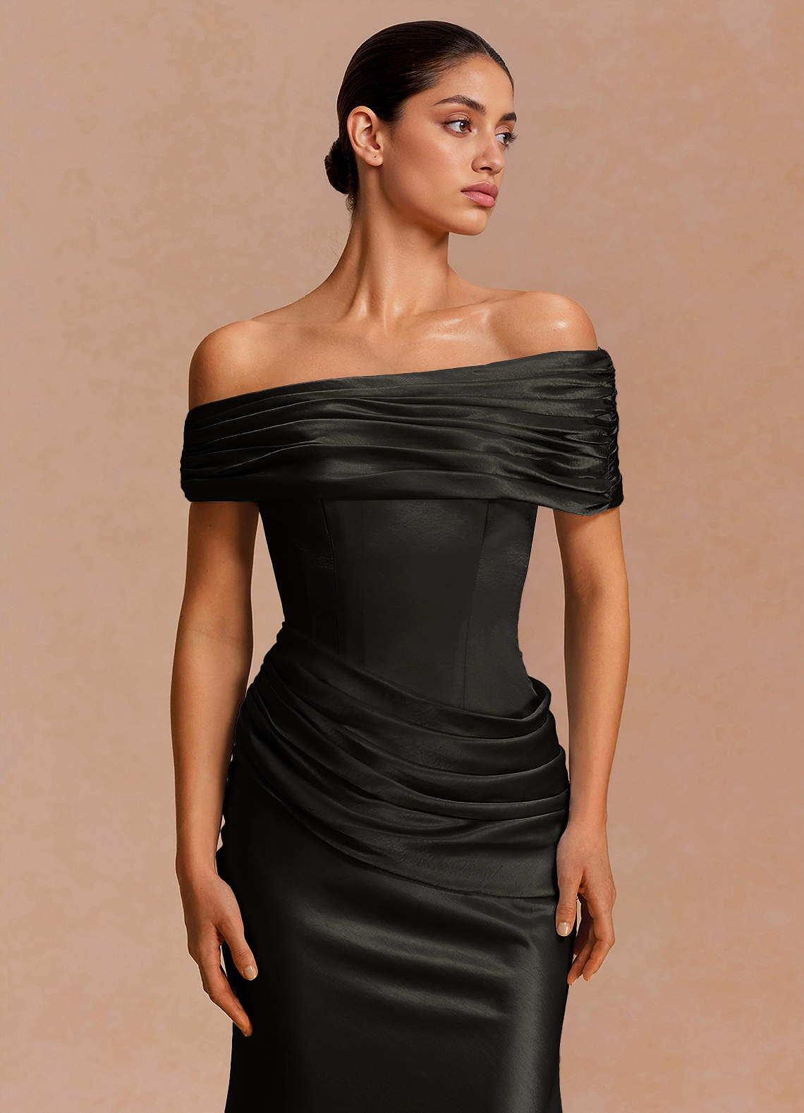 Leonie Strapless Draped-Shoulder Satin Evening Dress in Black