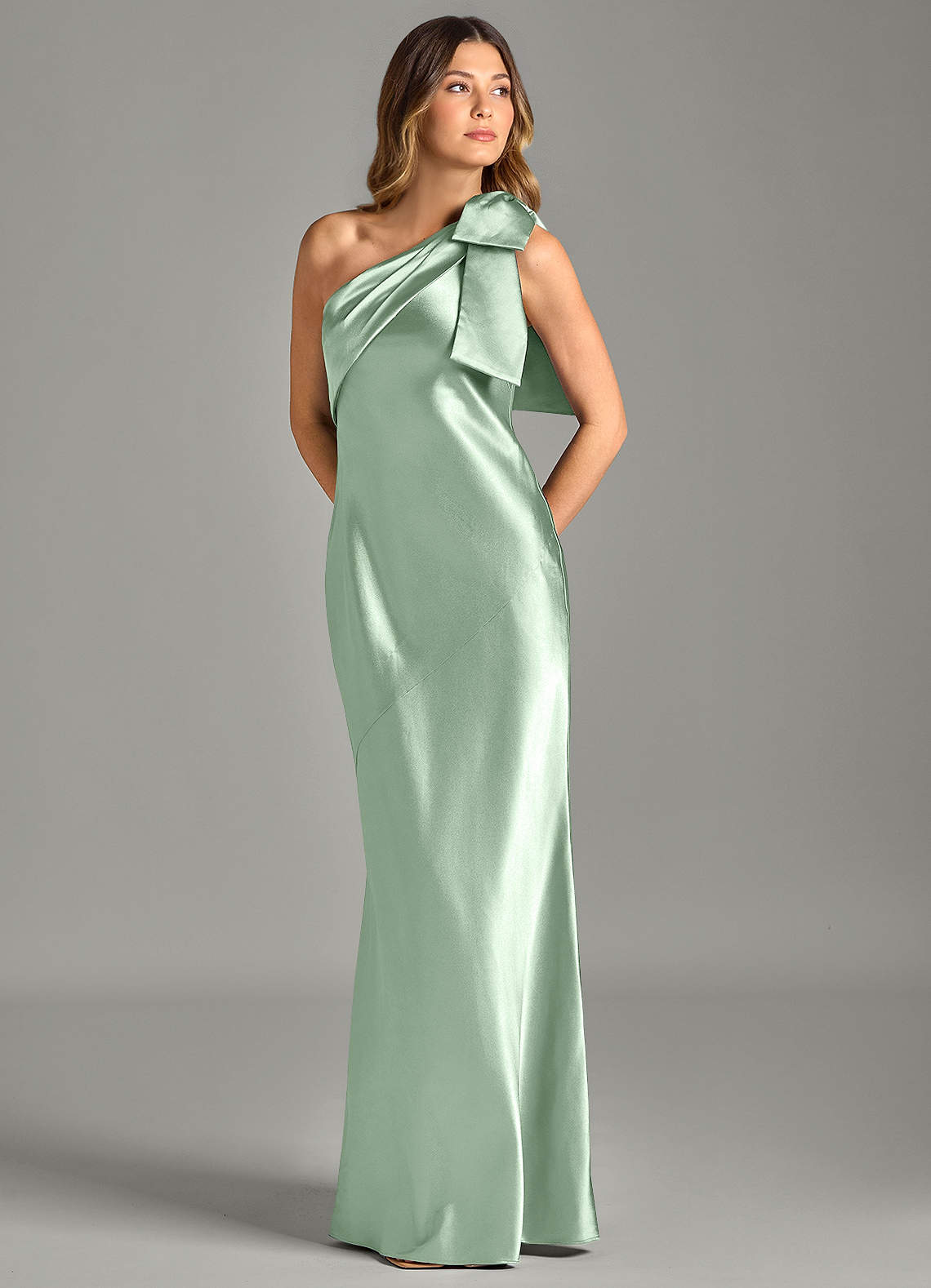 Yuanna Mermaid One-Shoulder Metallic Satin Bridesmaid Dress in Matcha