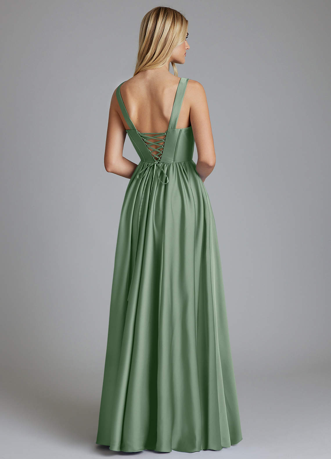 Delmie A-Line V-Neck Stretch Satin Bridesmaid Dress in Matcha