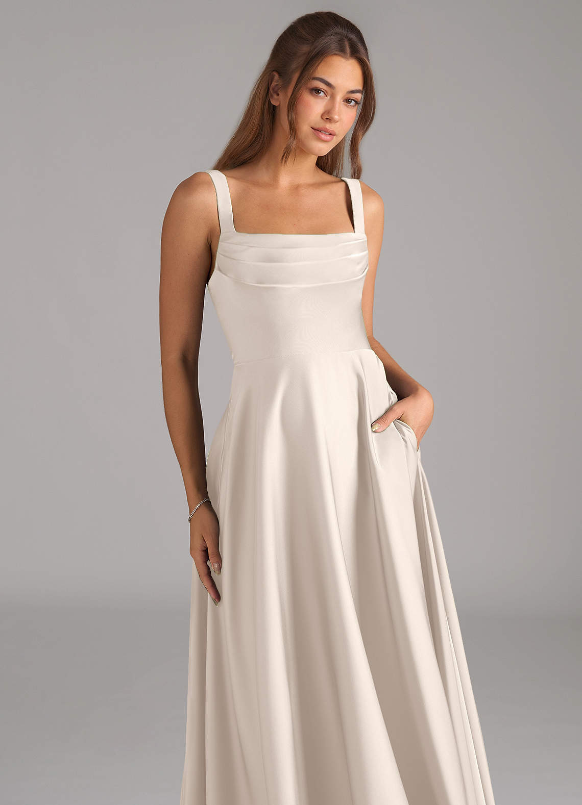 Shaude A-Line Square-Neck Stretch Satin Bridesmaid Dress in White Alabaster