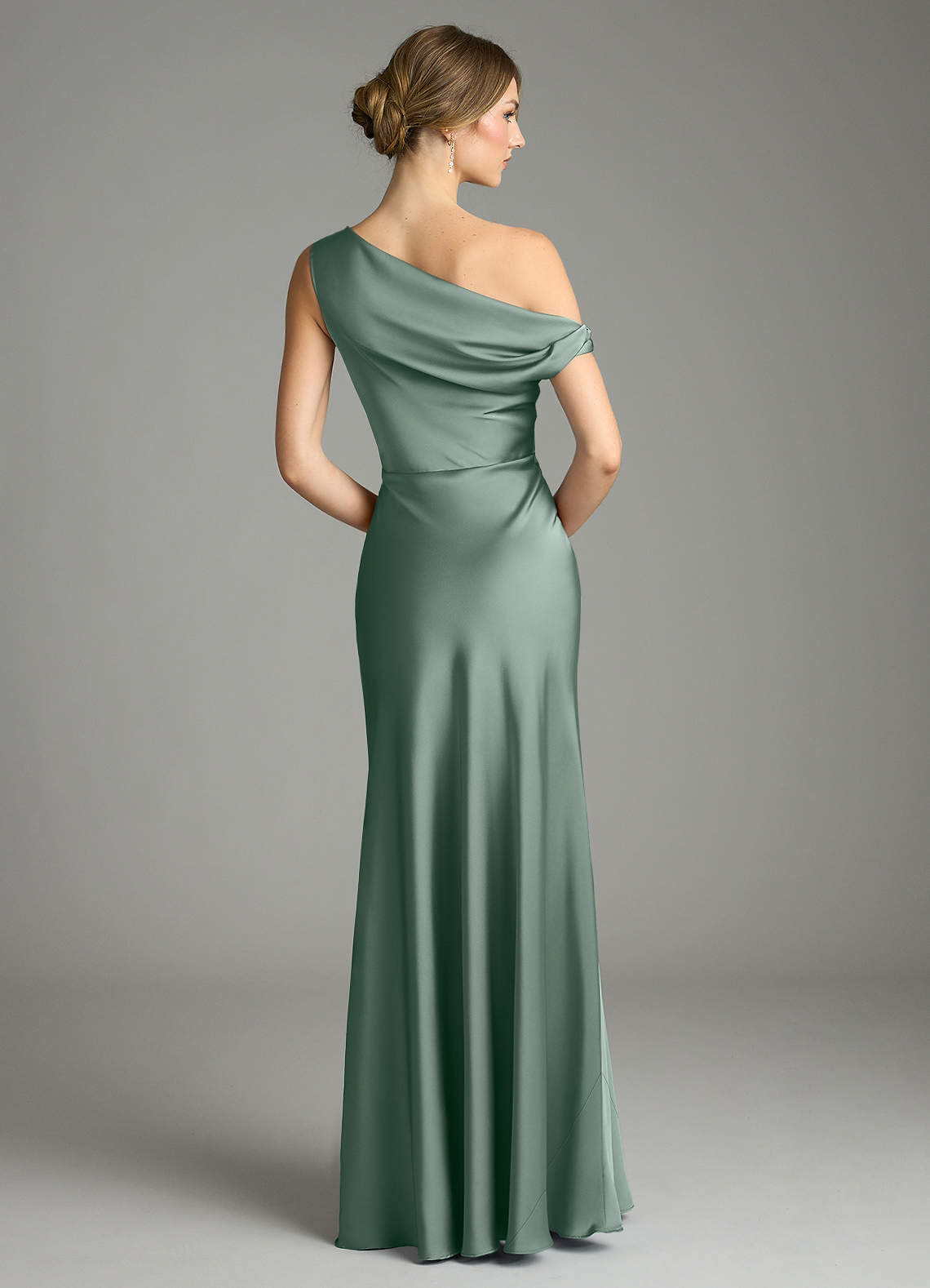 Emerson Mermaid One-Shoulder Stretch Satin Bridesmaid Dress in Silver Sage