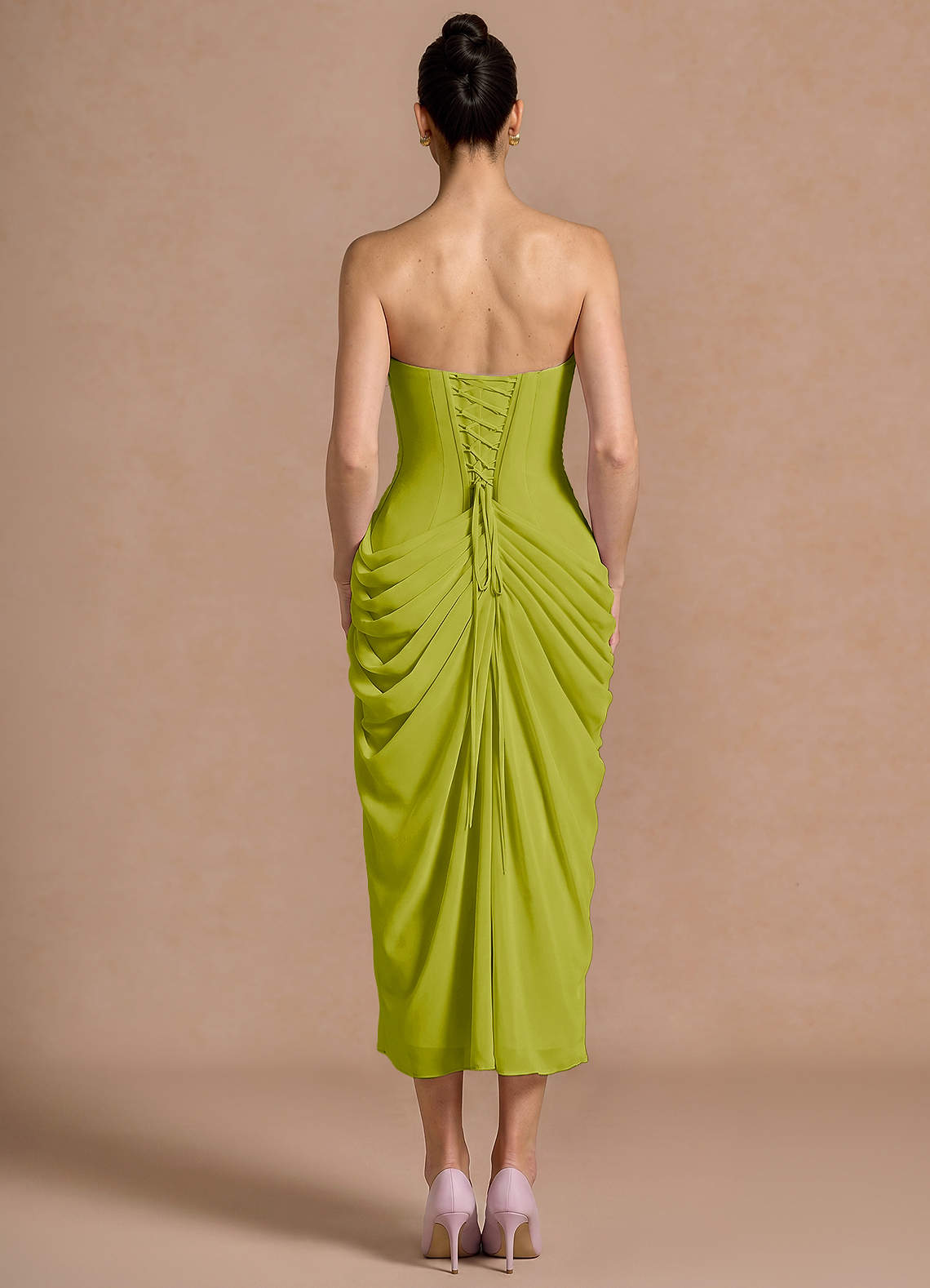 Kaavia Column Pleated Chiffon Midi Evening Dress in Lemon Green