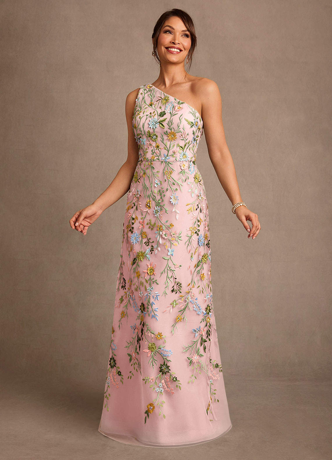 Bertie A-Line One-Shoulder Lace Mother of the Bride Dress in Powder Pink