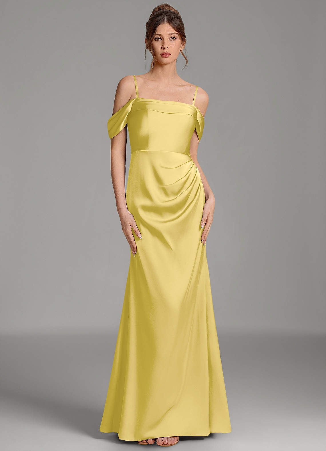 Wyatt Mermaid Off-the-Shoulder Stretch Satin Bridesmaid Dress in Canary
