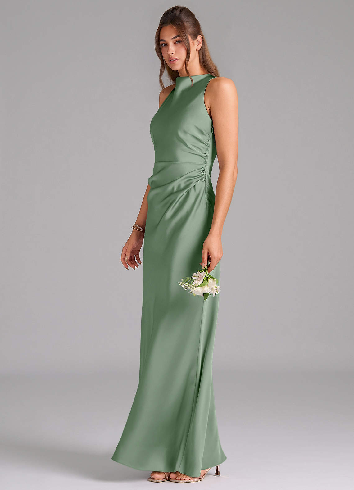 Evadne Sheath Scoop-Neck Stretch Satin Bridesmaid Dress in Matcha
