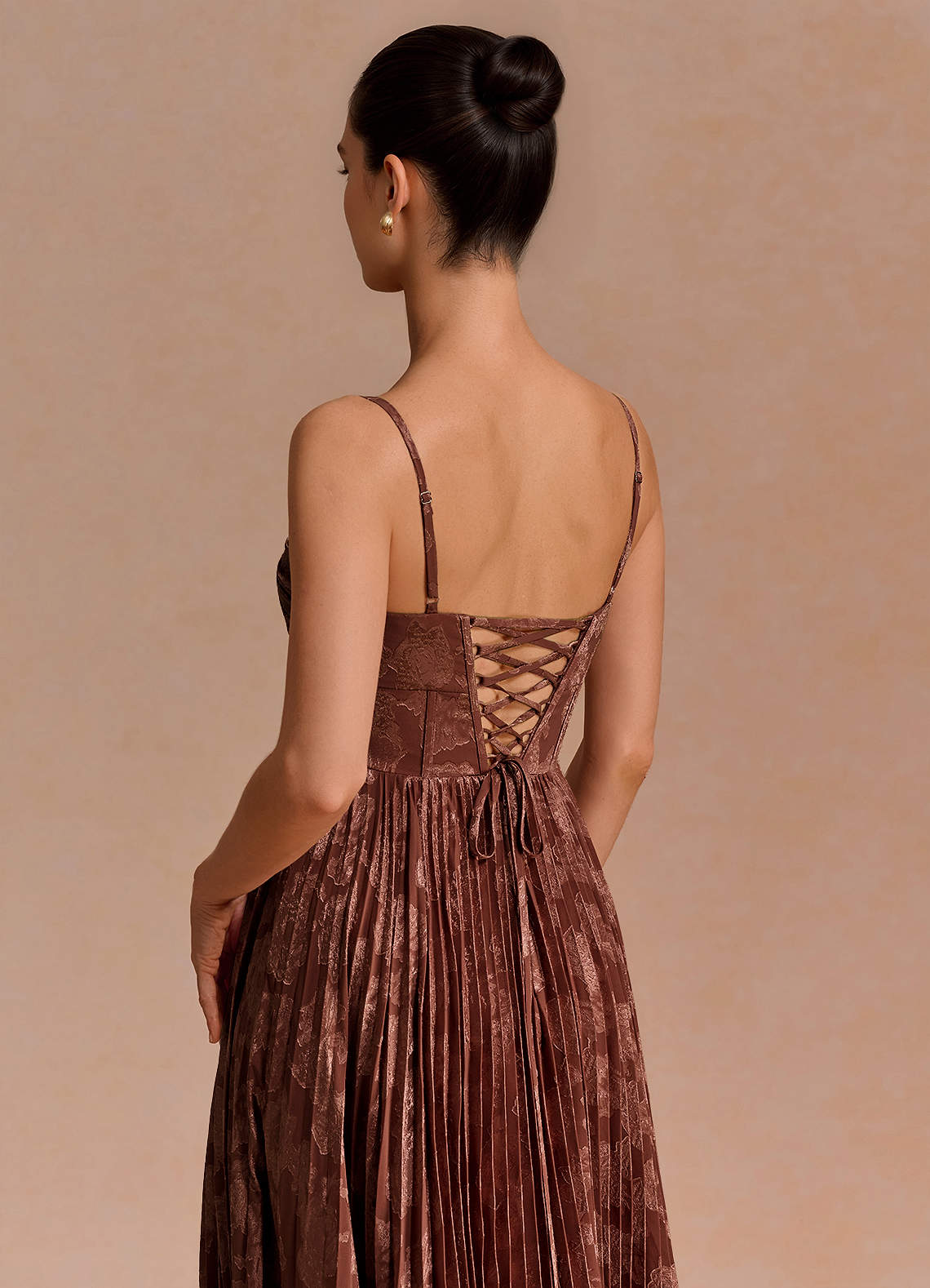 Delfina A-Line Twisted-Bust Fil Coupé Evening Dress in Mocha Coco
