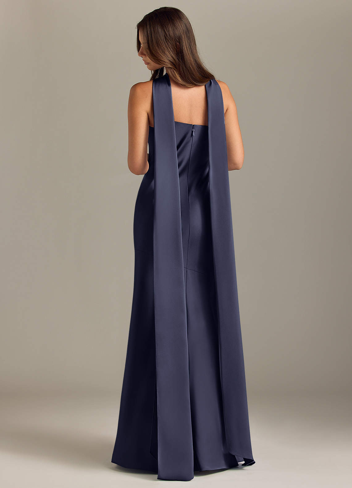 Kinsley Mermaid Halter Stretch Satin Bridesmaid Dress in Stormy