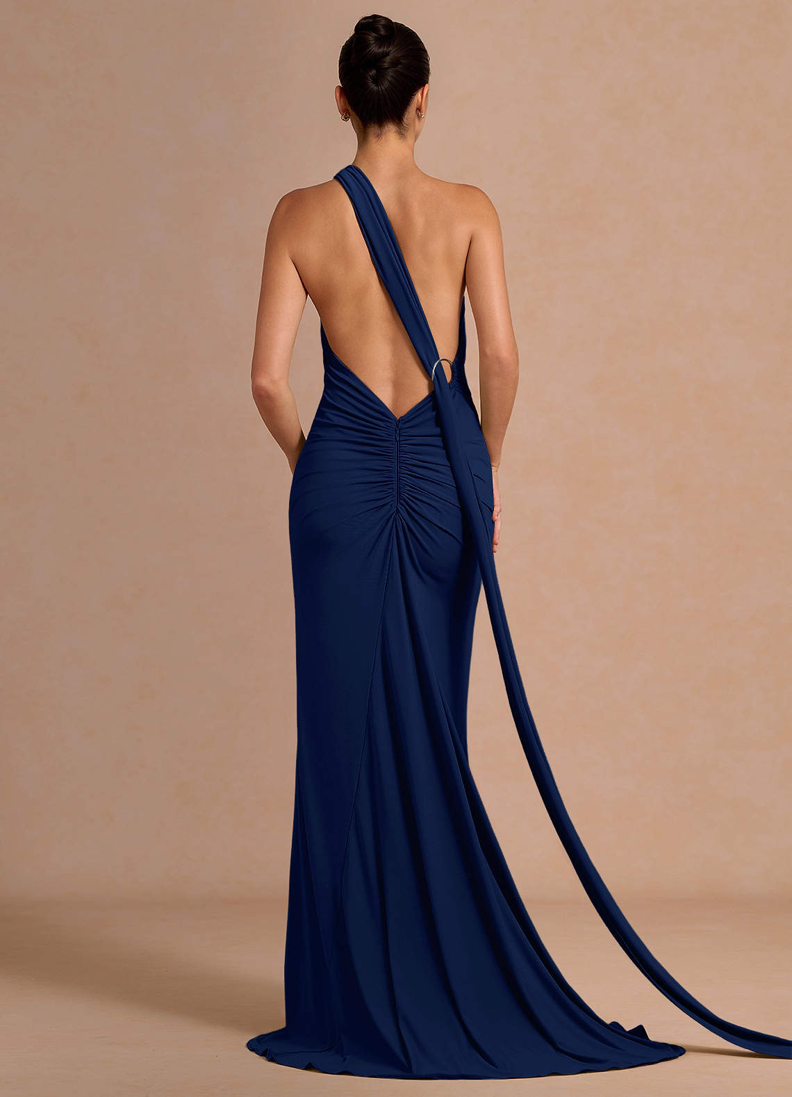 Miliani Sheath Neck-Tie Stretch Knit Evening Dress in Navy