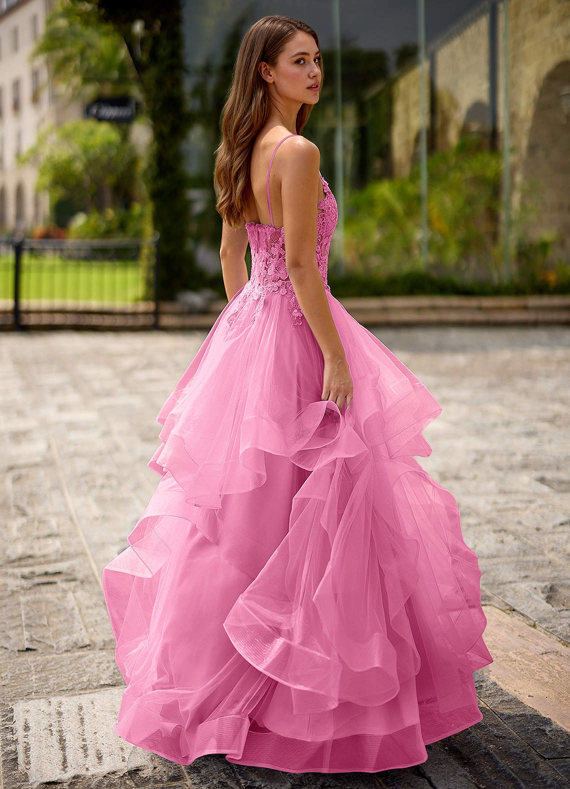 Spitze Ball Gown Sweetheart Lace Tulle Evening Dress in candy pink