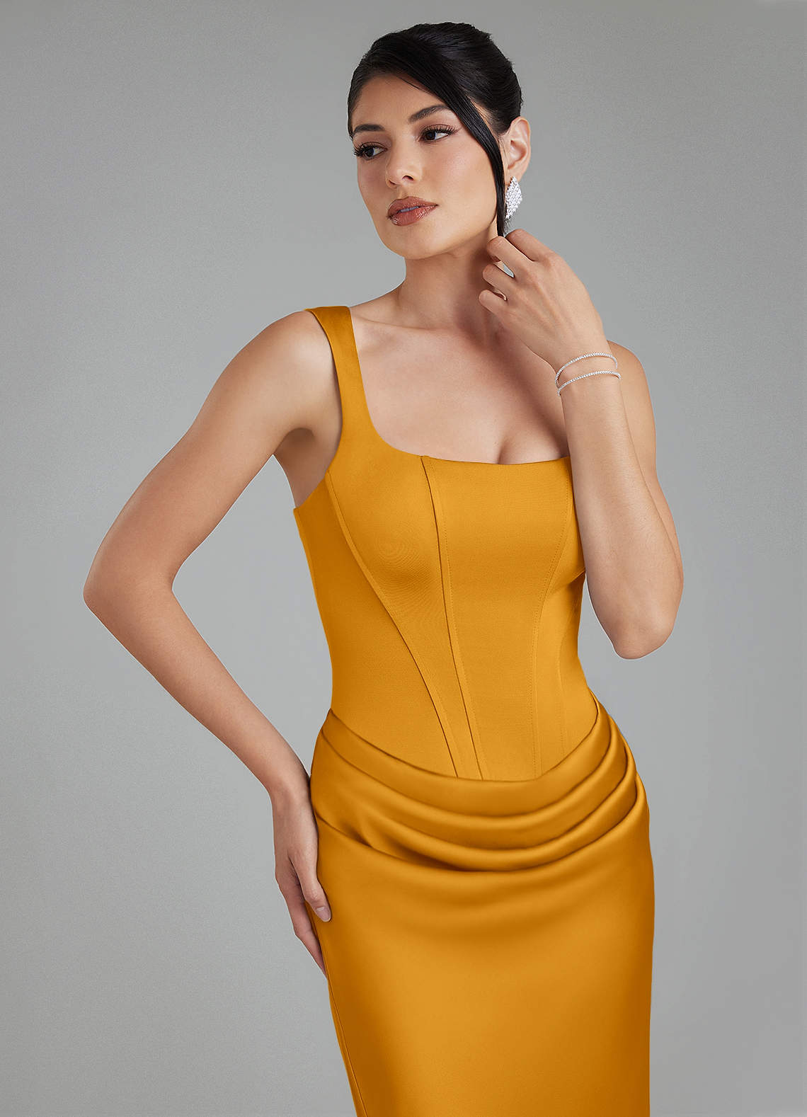 Etta Mermaid Square-Neck Stretch Satin Bridesmaid Dress in butterscotch
