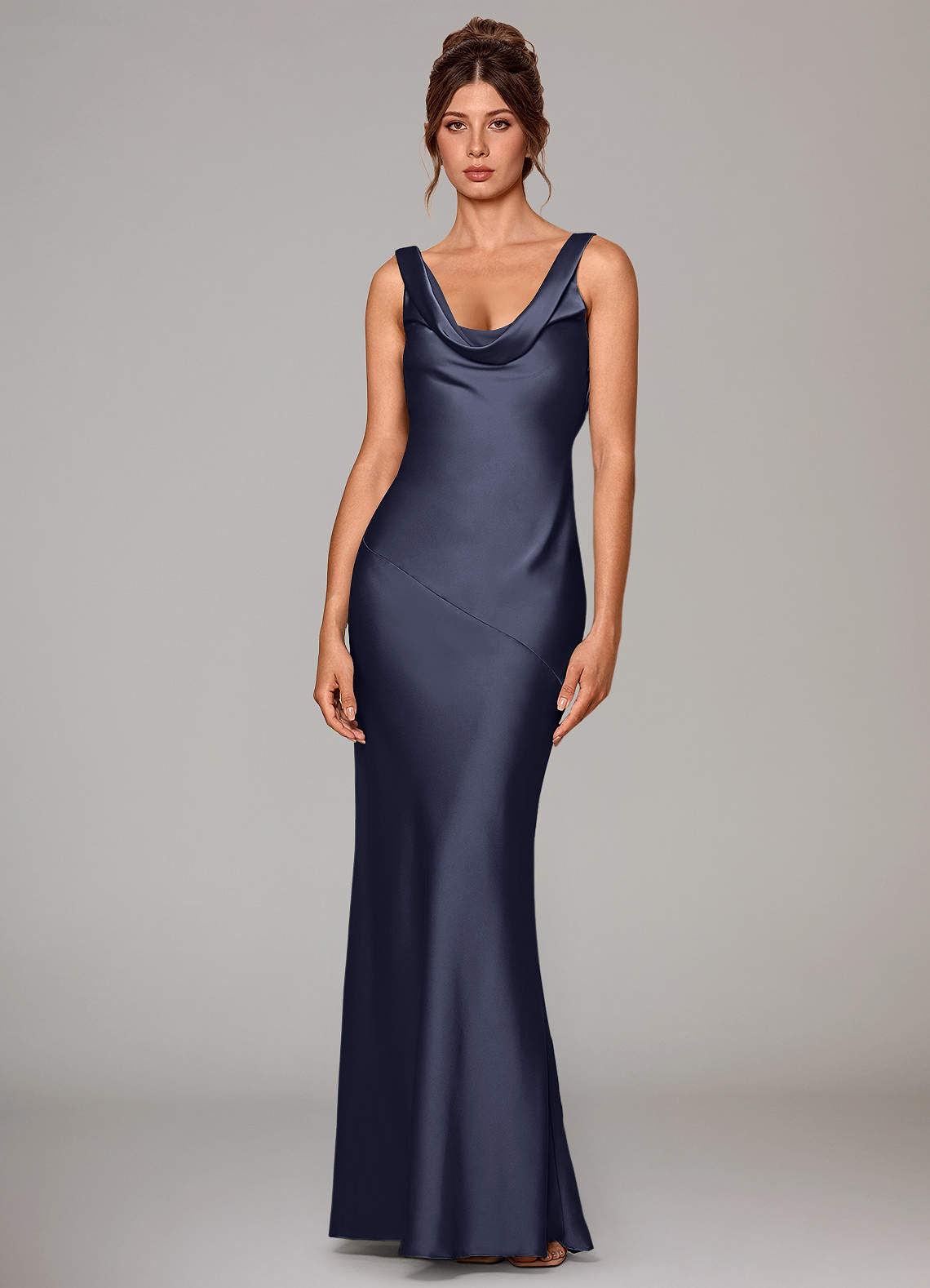 Rylina Mermaid Cowl-Neck Stretch Satin Bridesmaid Dress in Stormy