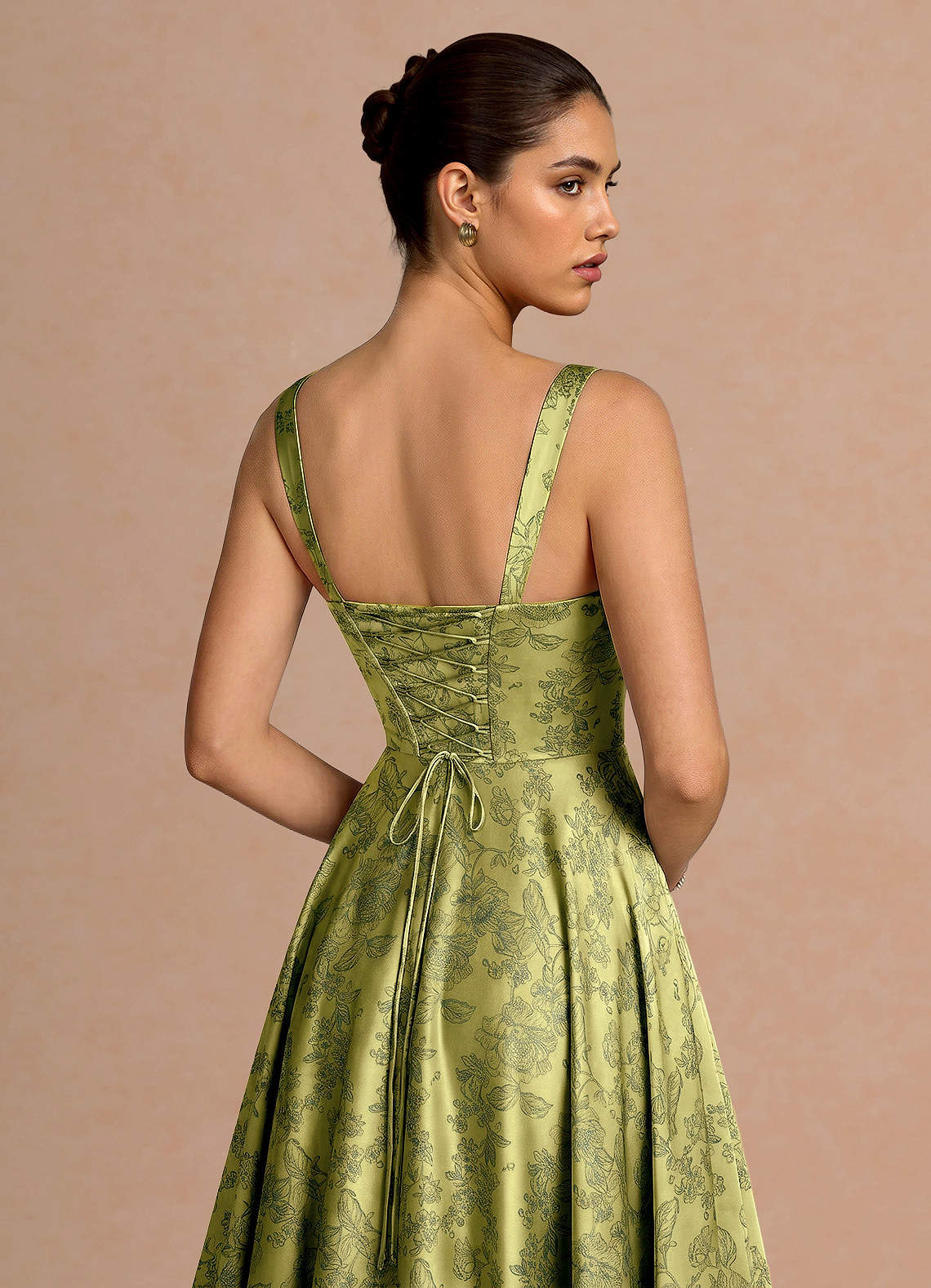 Azaria A-Line Square-Neck Jacquard Evening Dress in Moss Navy