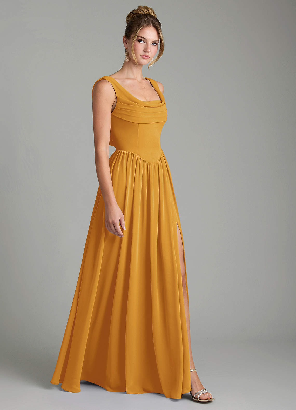 Novi A-Line Square-Neck Chiffon Bridesmaid Dress in butterscotch