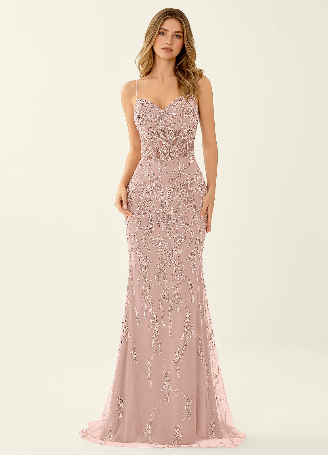 Zivah Mermaid V-Neck Beaded Stretch Mesh Evening Dress in pink