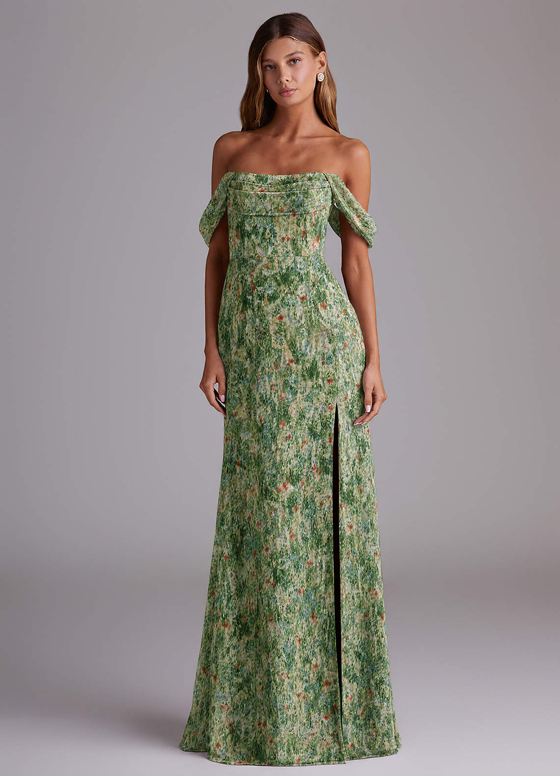Saige A-Line Off-the-Shoulder Chiffon Bridesmaid Dress in Meadow Bloom