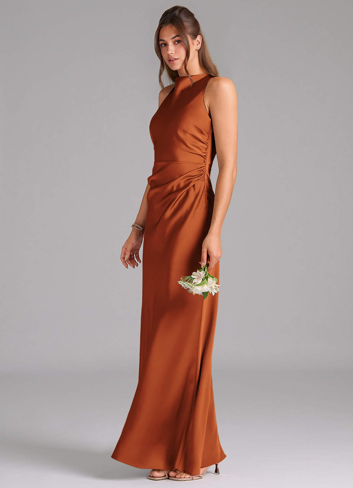 Evadne Sheath Scoop-Neck Stretch Satin Bridesmaid Dress in Cinnamon