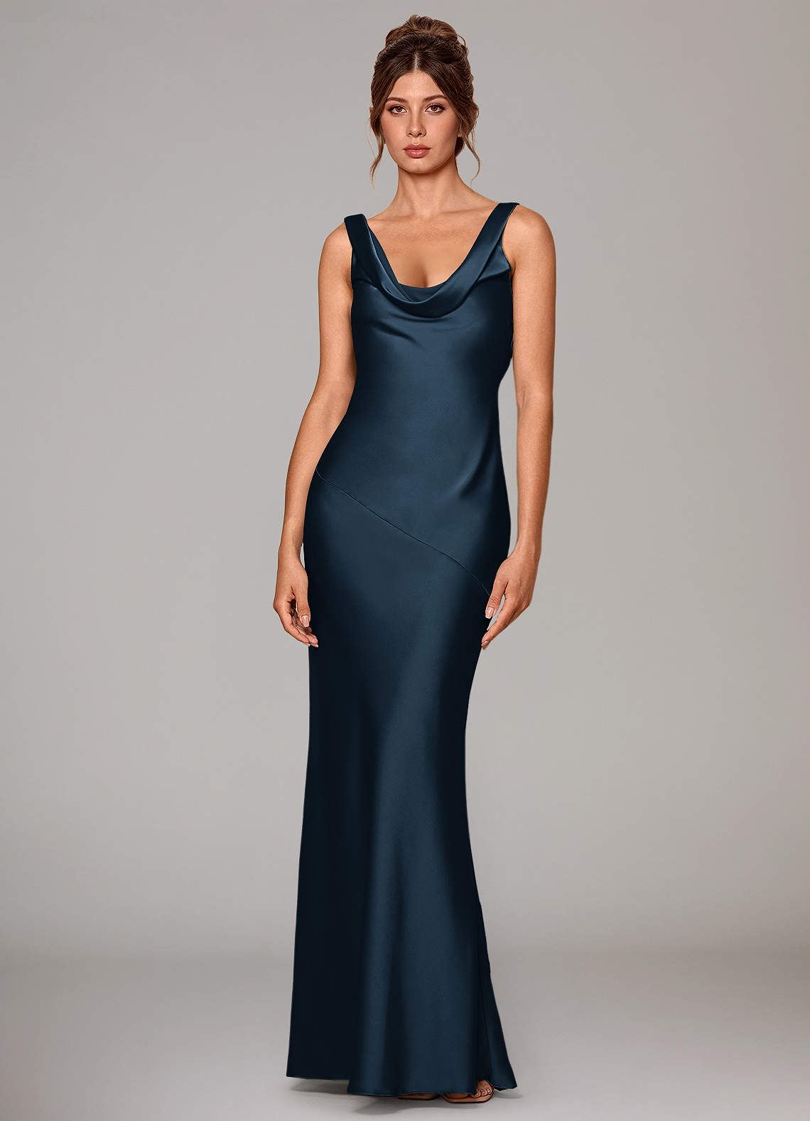 Rylina Mermaid Cowl-Neck Stretch Satin Bridesmaid Dress in Dark Navy