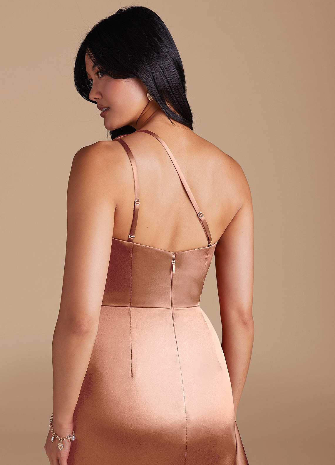Latrice Sheath One-Shoulder Metallic Satin Bridesmaid Dress in Bronzer