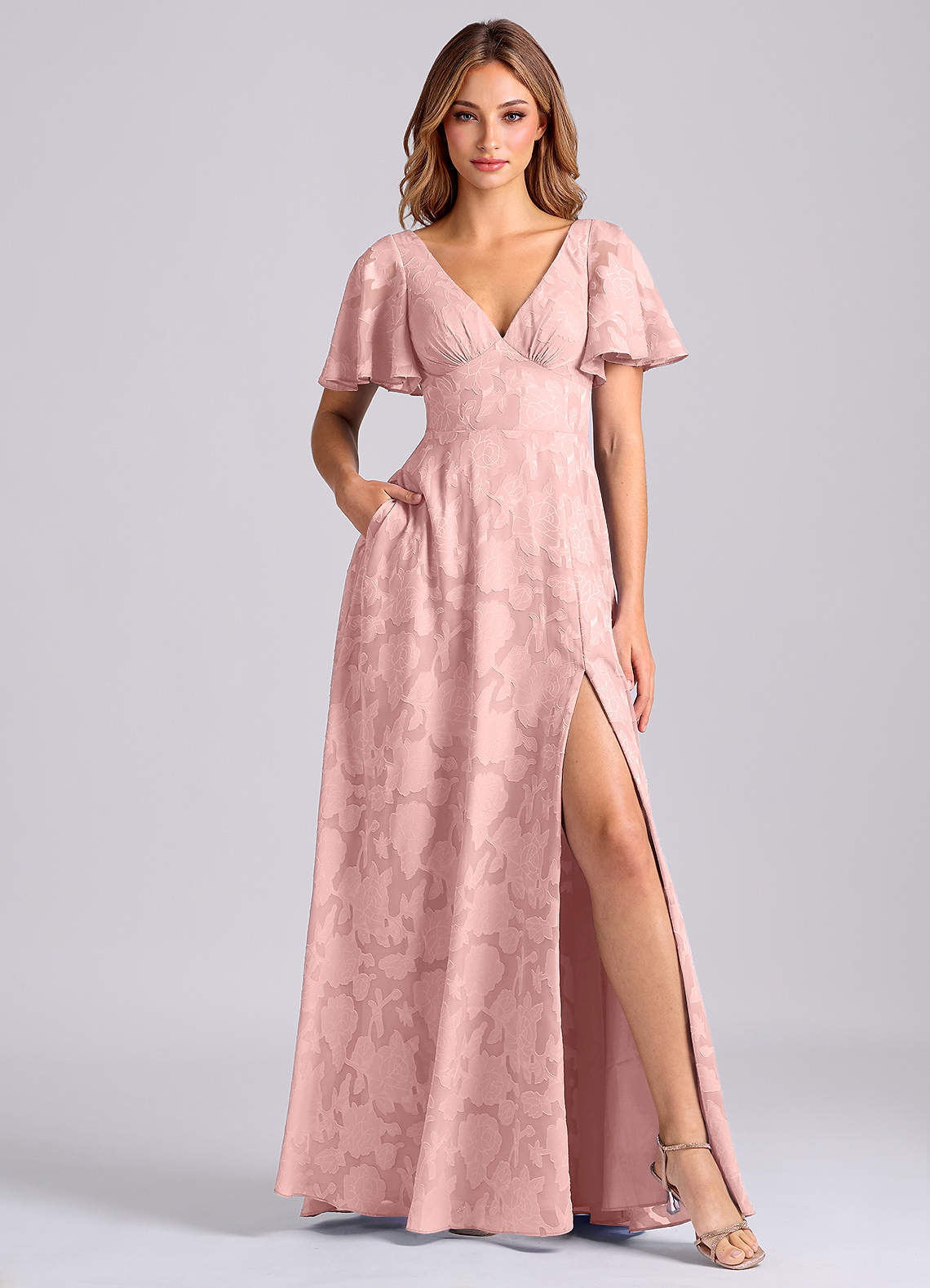 Kimber A-Line V-Neck Floral Burnout Bridesmaid Dress in Powder Pink