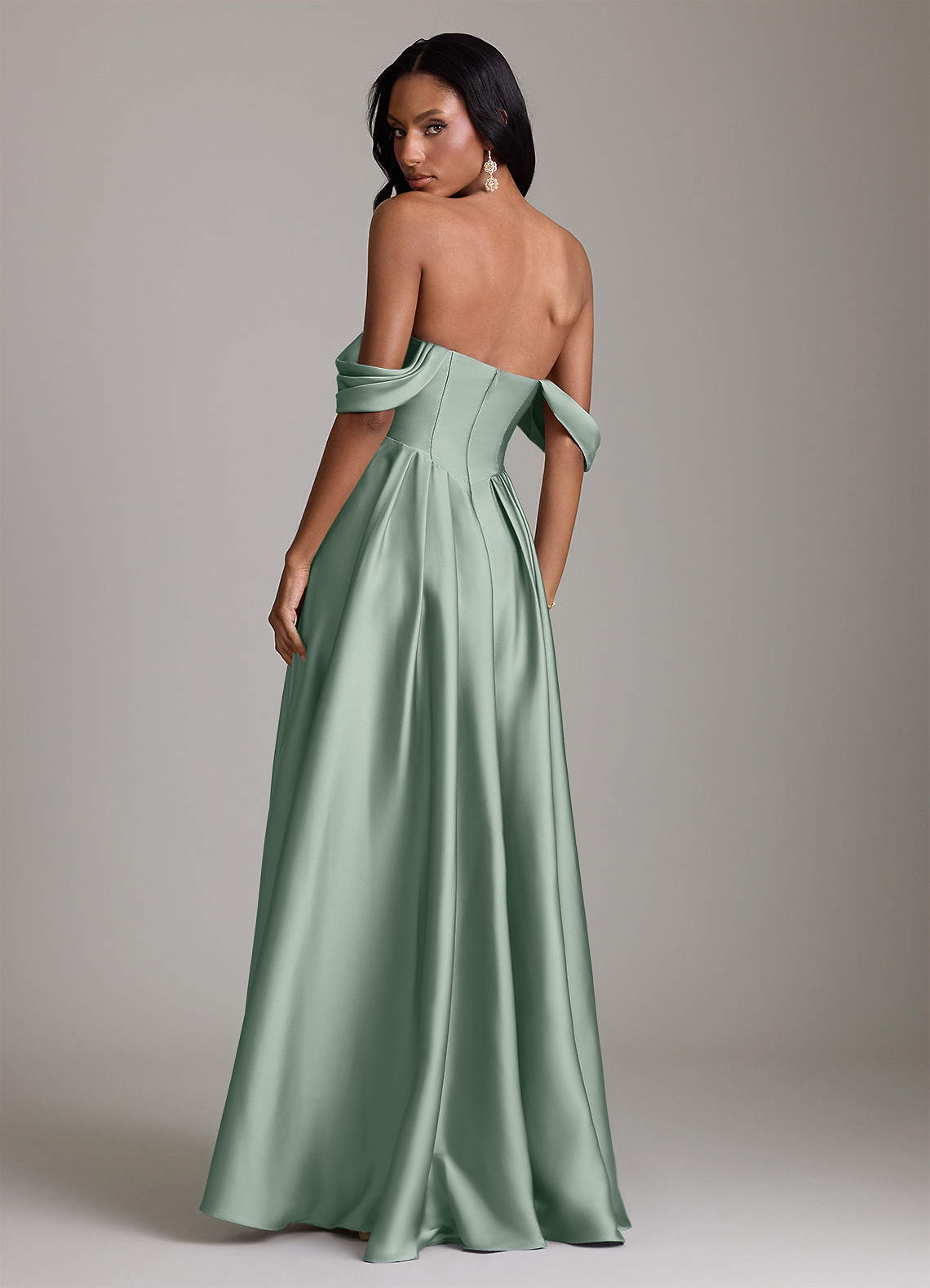 Loisa A-Line Off-the-Shoulder Stretch Satin Bridesmaid Dress in Agave