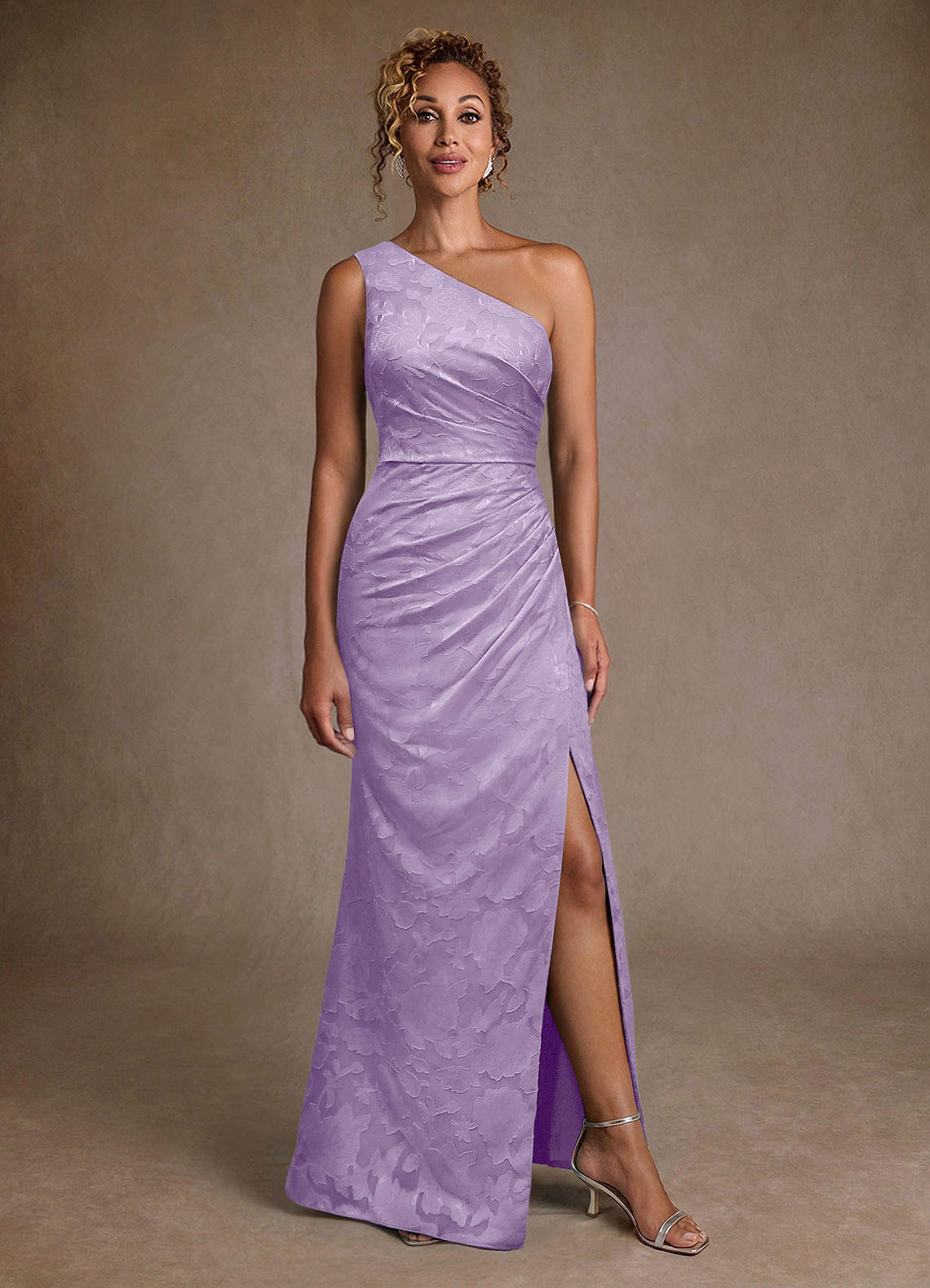Joylin Trumpet One-Shoulder Floral Burnout Mother of the Bride Dress in Lilac