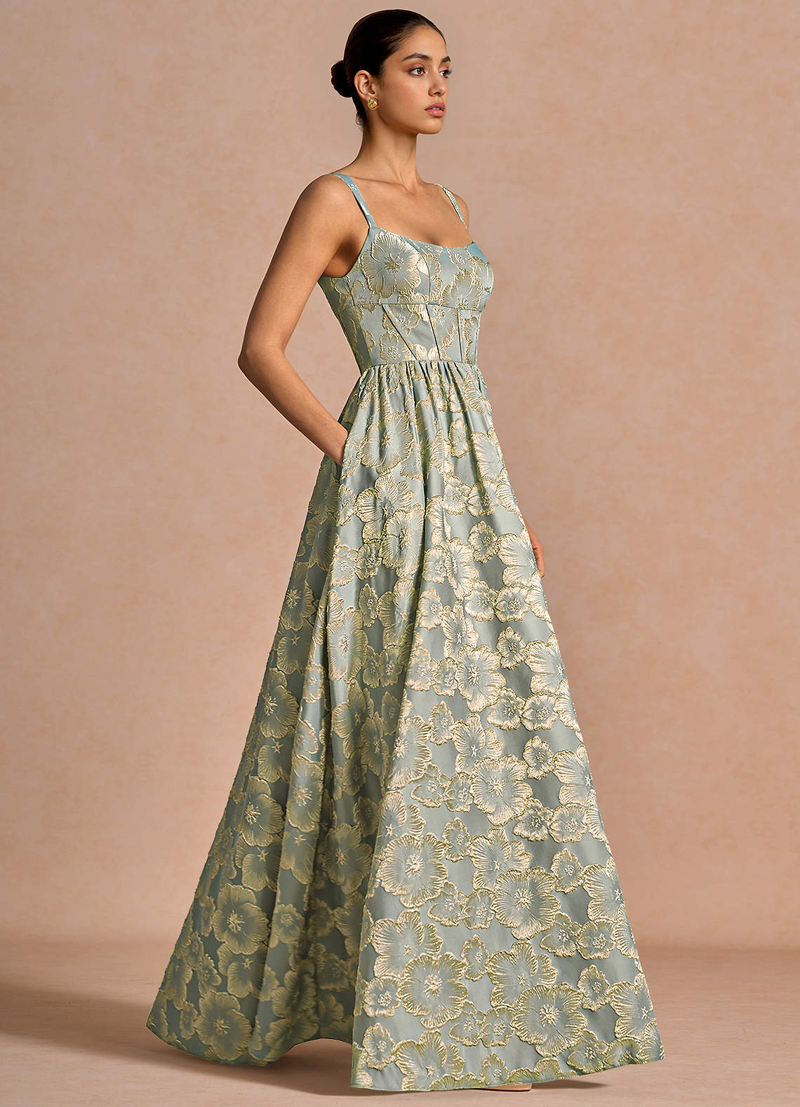 Julietteh A-Line Strappy Jacquard Taffeta Evening Dress in Blue