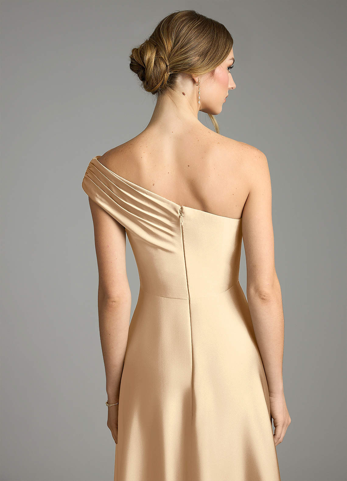 Melanie A-Line One-Shoulder Stretch Satin Bridesmaid Dress in Champagne