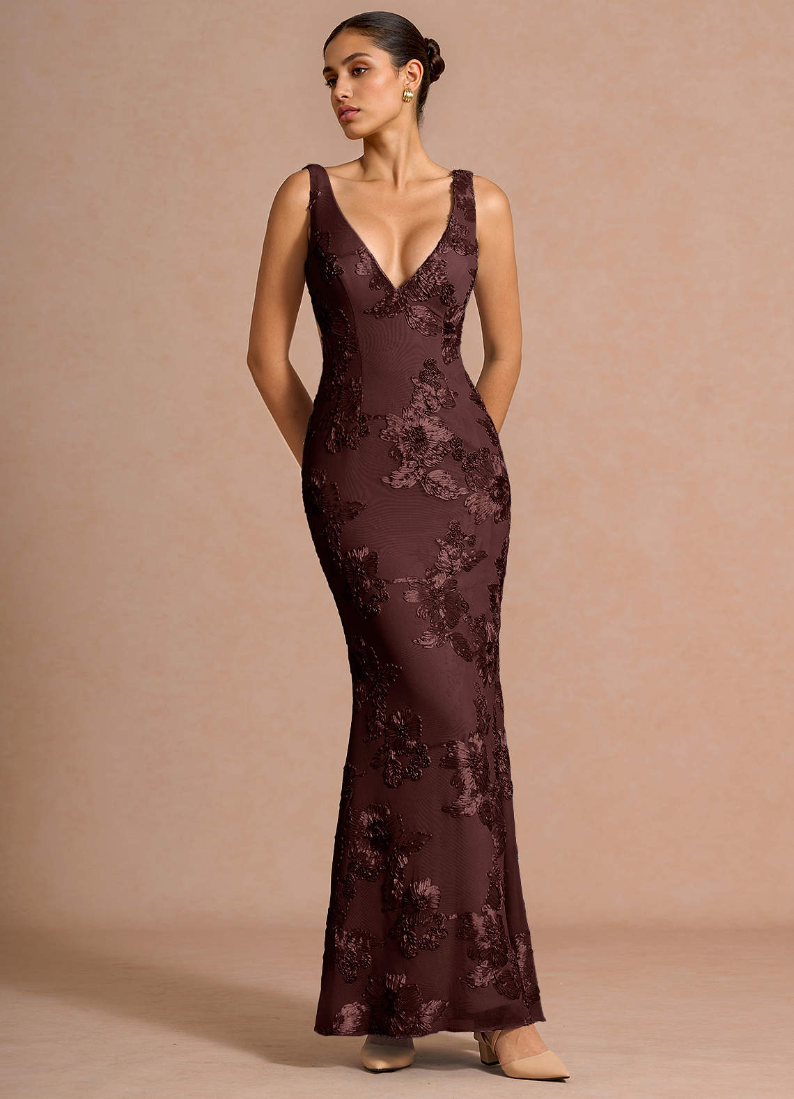 Ivellea Mermaid V-Neck Mesh Evening Dress in Frosted Lilac
