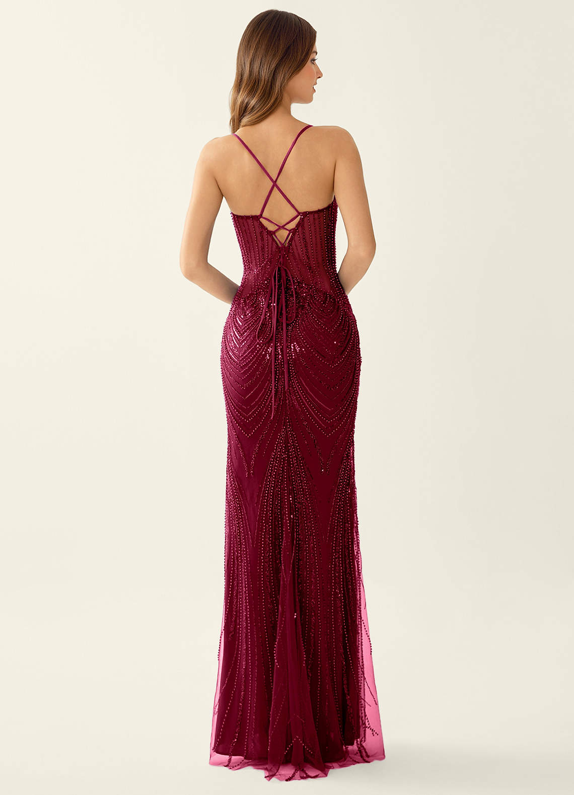 Magnolia Mermaid Beaded Sequined Stretch Mesh Evening Dress in Burgundy