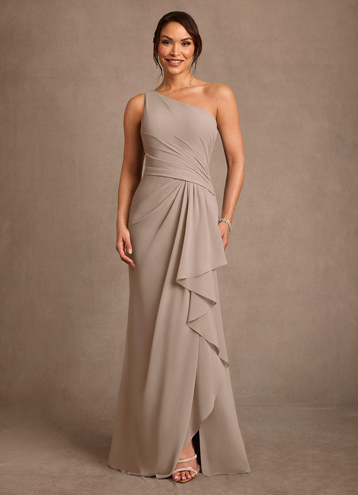Floy Sheath One-Shoulder Chiffon Mother of the Bride Dress in Espresso