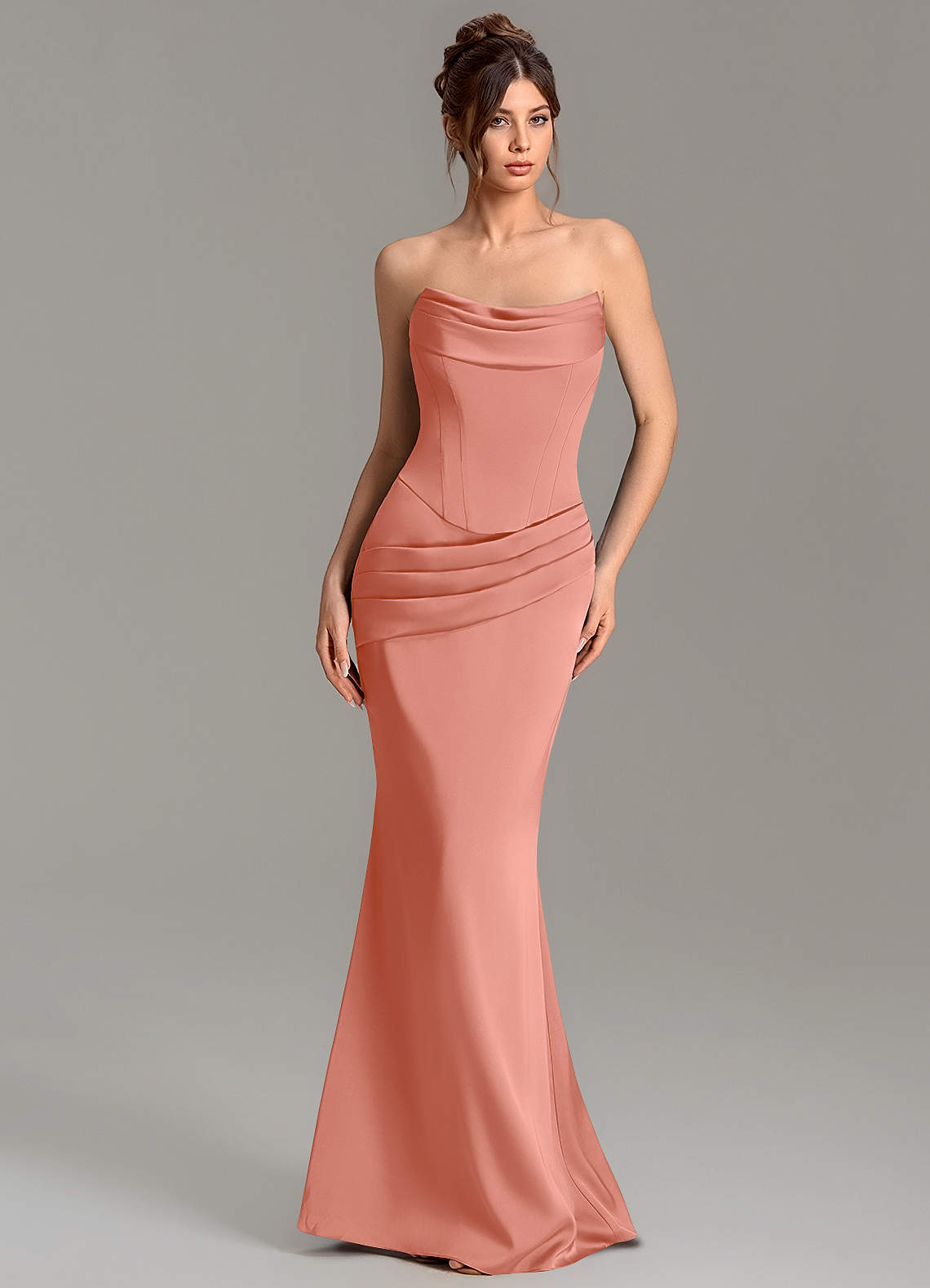 Adrienne Mermaid Cowl-Neck Stretch Satin Bridesmaid Dress in Salmon Pink
