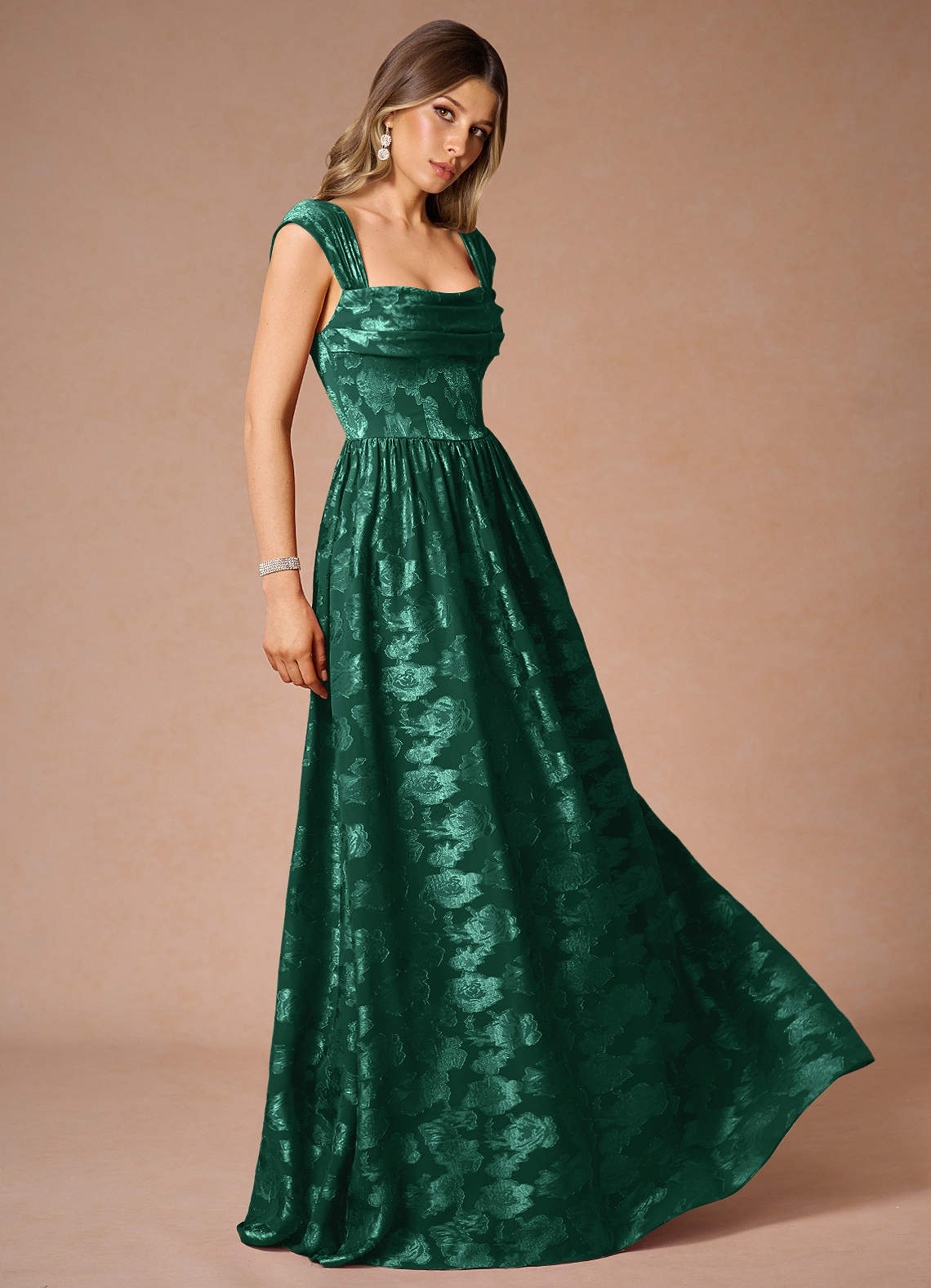 Hazel A-Line Cowl-Neck Fil Coupé Wedding Guest Dress in Hunter Green