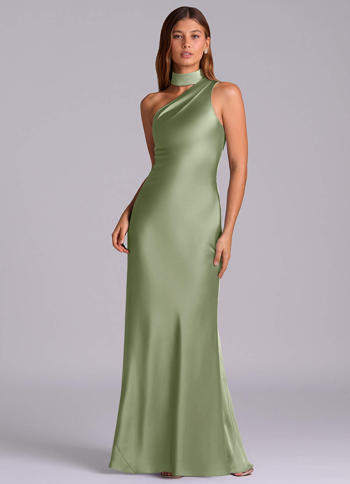 Seona Mermaid One-Shoulder Stretch Satin and Tulle Bridesmaid Dress in Pistachio