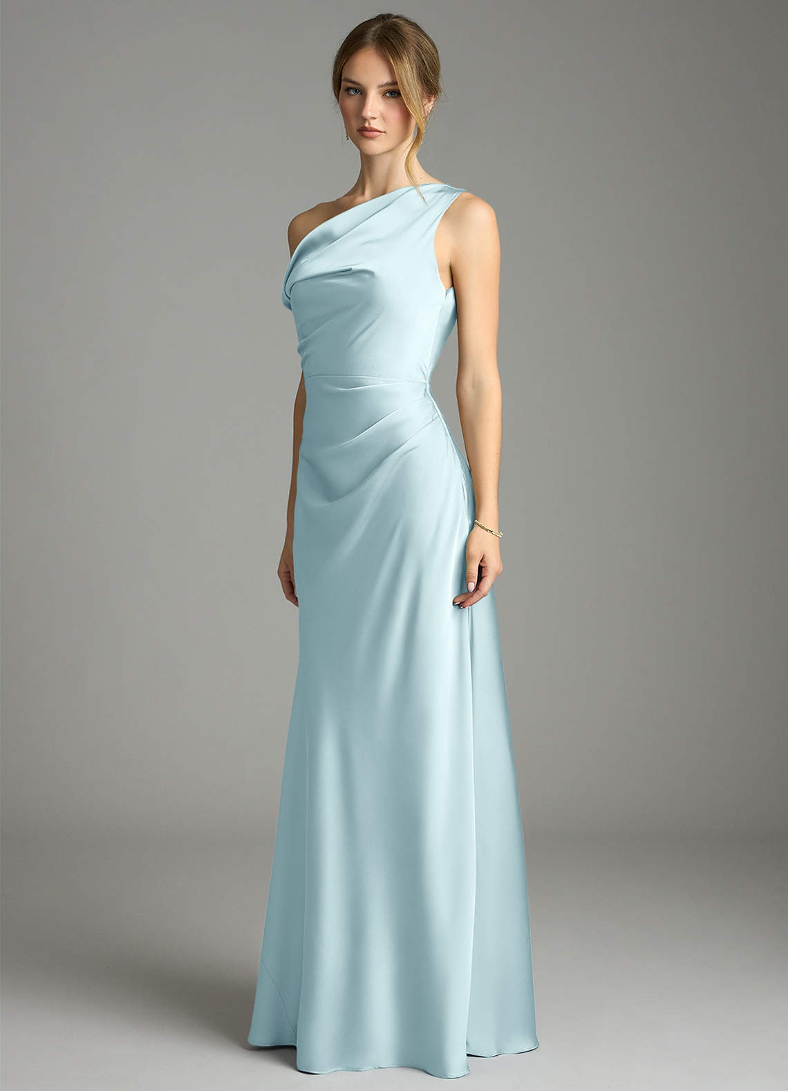 Emerson Mermaid One-Shoulder Stretch Satin Bridesmaid Dress in Cloud Blue