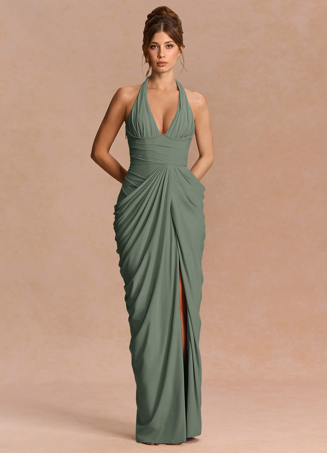 Aurelie Corset Ruched Jersey Satin Wedding Guest Dress in Light Green