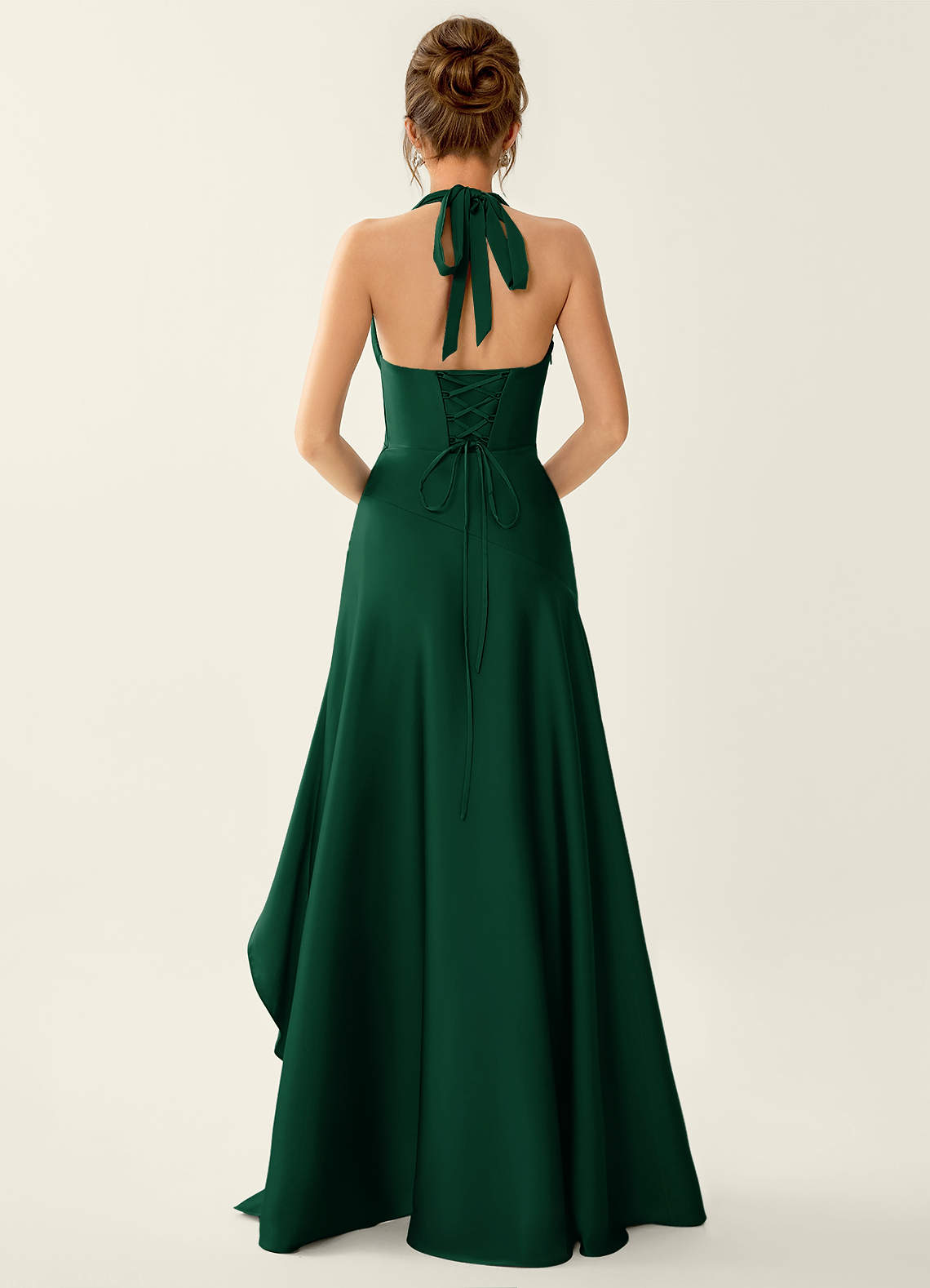 Titania Halter Asymmetric-Ruffle Satin Evening Dress in Emerald Green