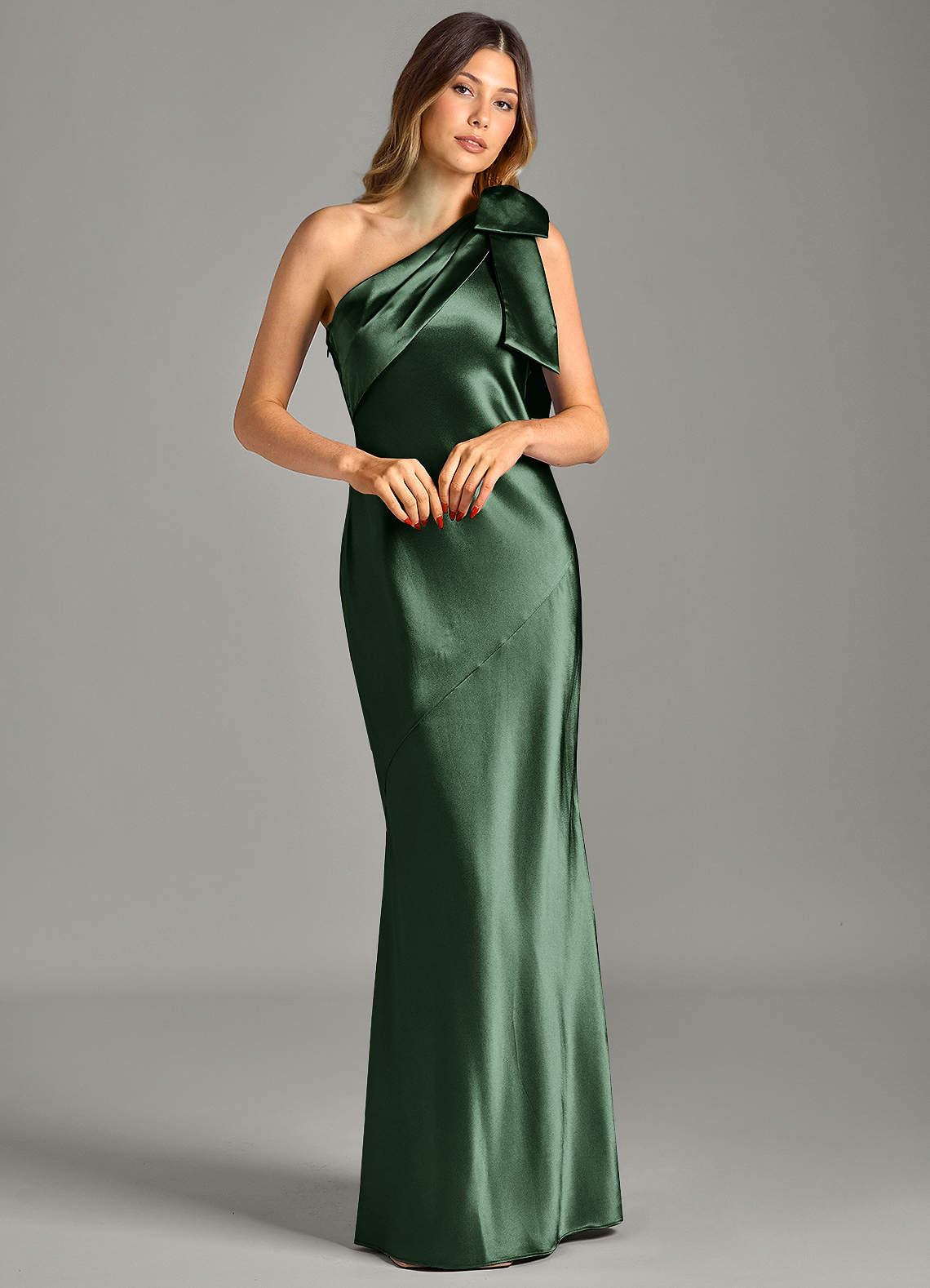 Yuanna Mermaid One-Shoulder Metallic Satin Bridesmaid Dress in Eucalyptus