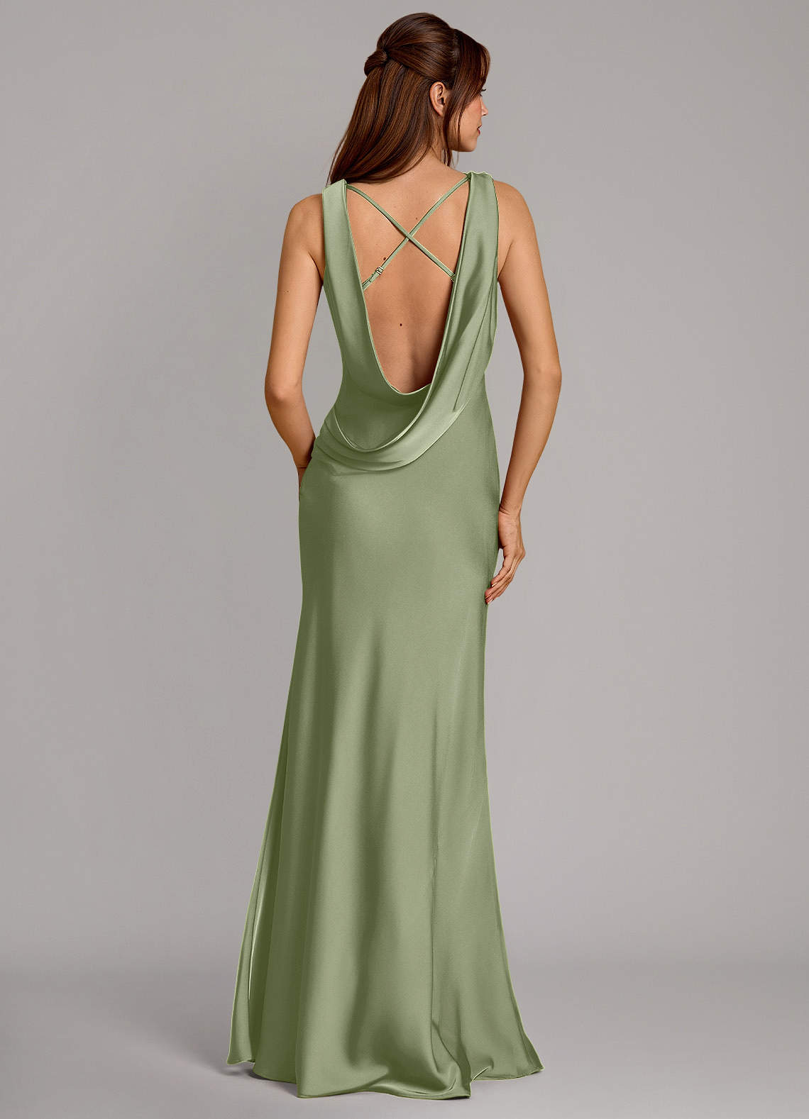 Cheryl Mermaid Cowl-Neck Stretch Satin Bridesmaid Dress in Pistachio