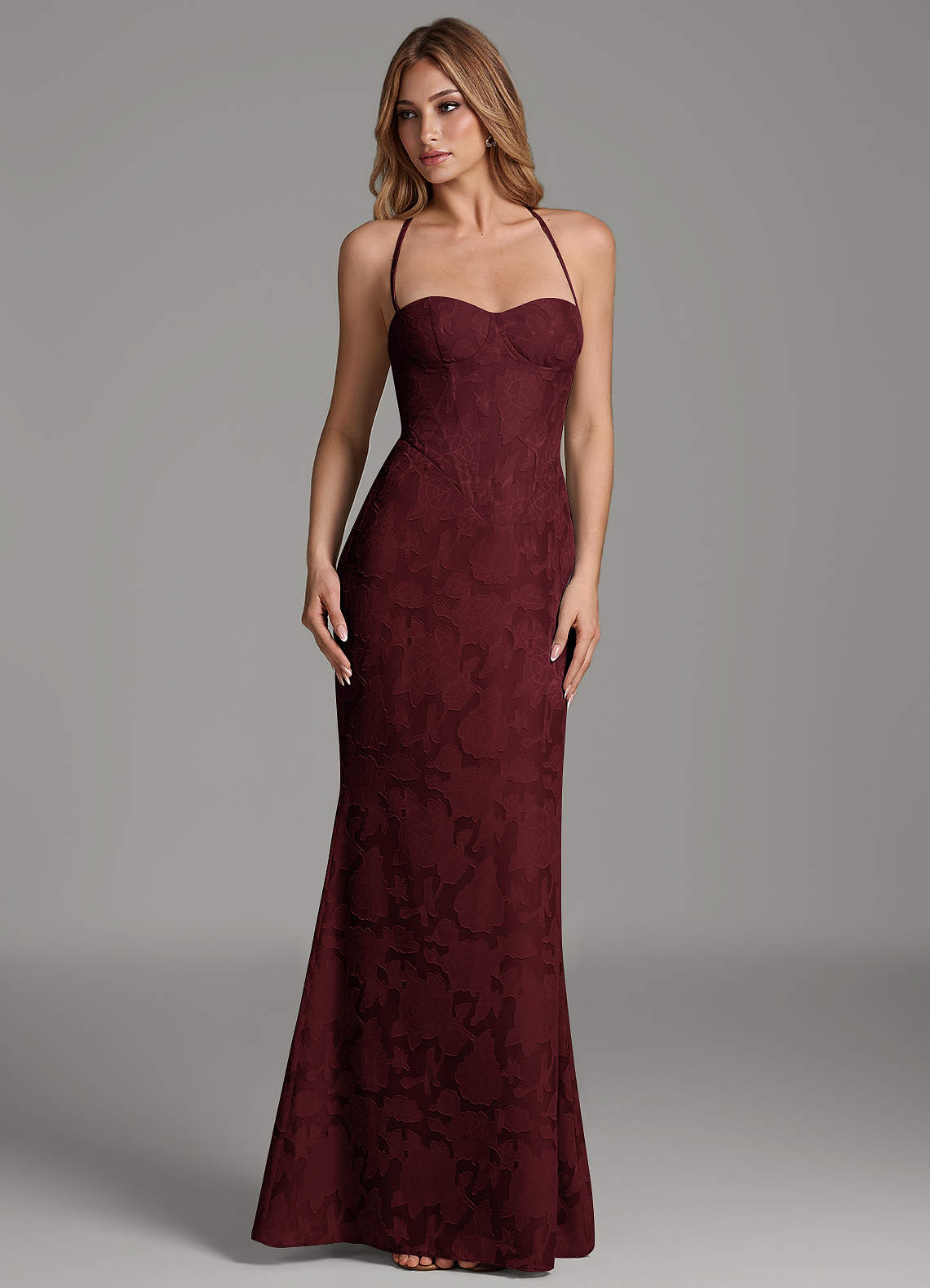Dara Mermaid Sweetheart Floral Burnout Bridesmaid Dress in Cabernet